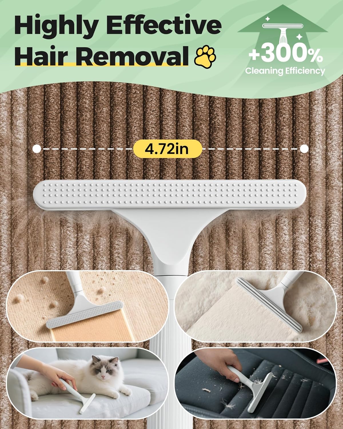 Carpet Rake for Pet Hair Removal Tool - 4 in 1 Pet Hair Remover Kit for Dog Cat Fur Remover, Contain 60" Adjustable Rubber Broom, Glove, Magic Brush and Scraper for Home Furniture, Rugs, Mats
