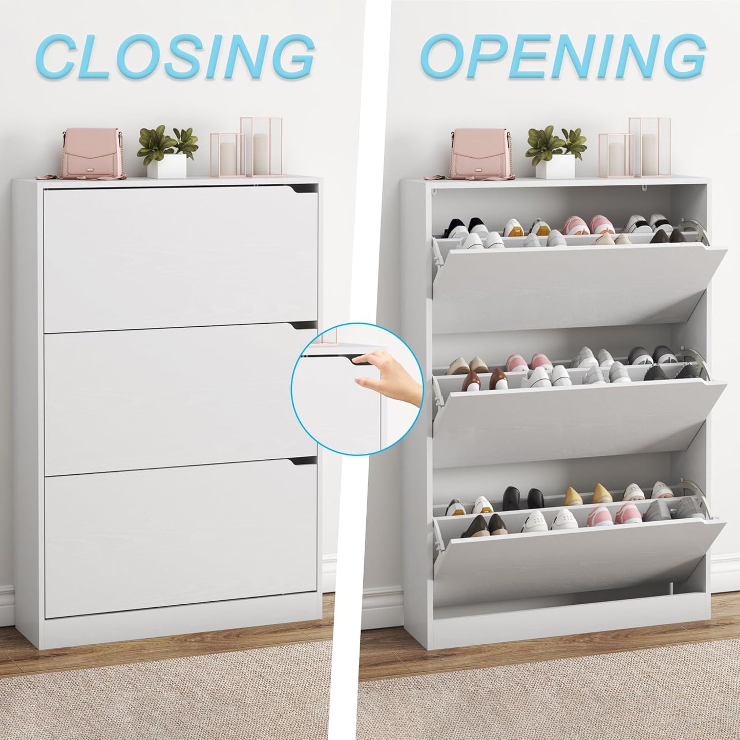 Shoe Cabinet with 3 Flip Drawers, Hidden Wood Shoe Cabinet,Freestanding Shoe Storage Cabinet for Entryway Hallway.White. 47.2" H*31.5" W*9.45" D.