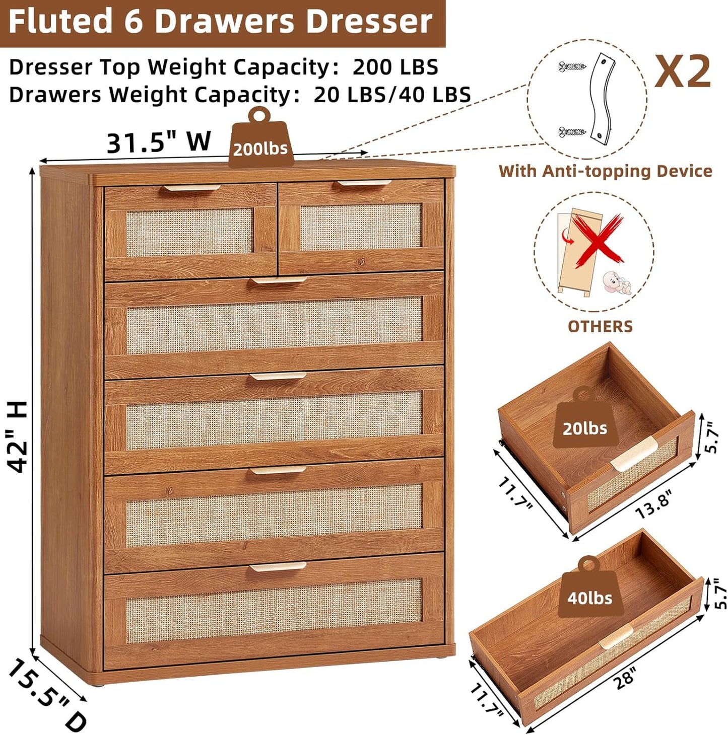 LEYAOYAO Rattan Dresser for Bedroom Set of 2, 42" Tall Chest of Drawers, Modern 6 Drawers Boho Dressers with Storage, Vintage Brown Dresser Wooden Closet Organizer for Living Room, Hallway