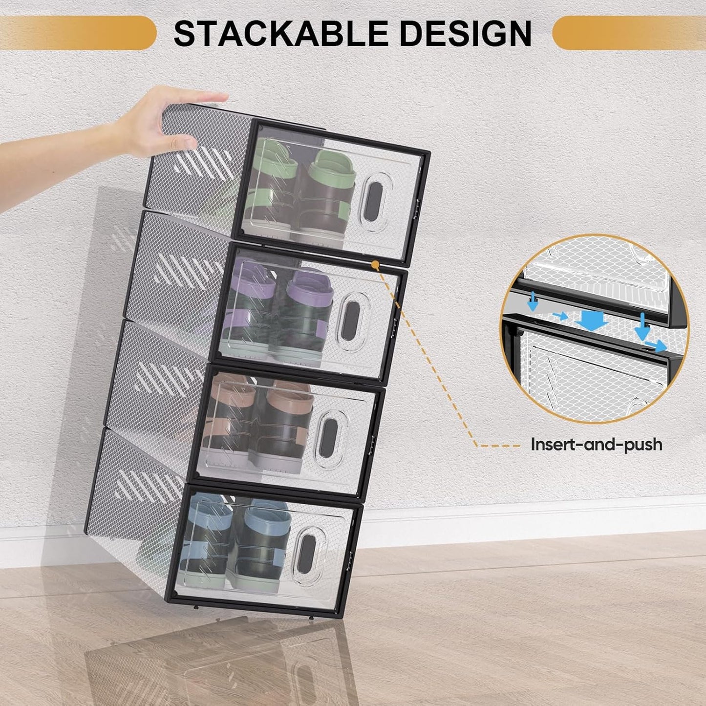 BALEINE 12 Pack Stackable Shoe Storage Boxes Fit Size 11, Thickened Clear Shoe Box Bins with Lids, Plastic Foldable Organizer Sneaker Storage Containers (X-Large, Black)