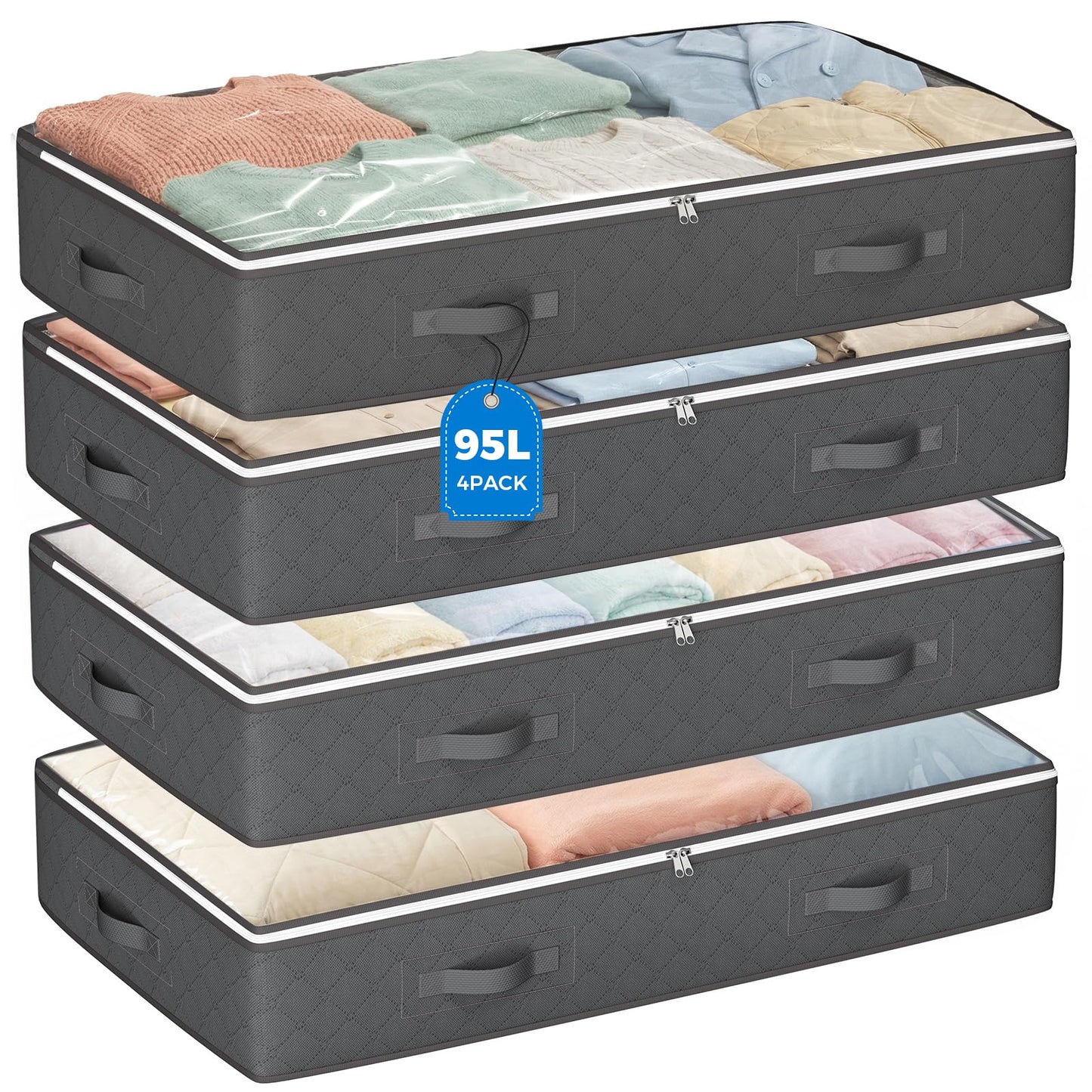 Budding Joy 95L Under Bed Storage Containers, 4 Pack Closet Organizers Grey