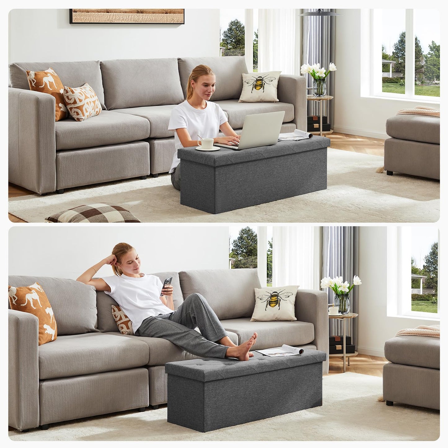 DUMOS 43 Inch Folding Storage Ottoman Bench, Large Ottoman with Storage