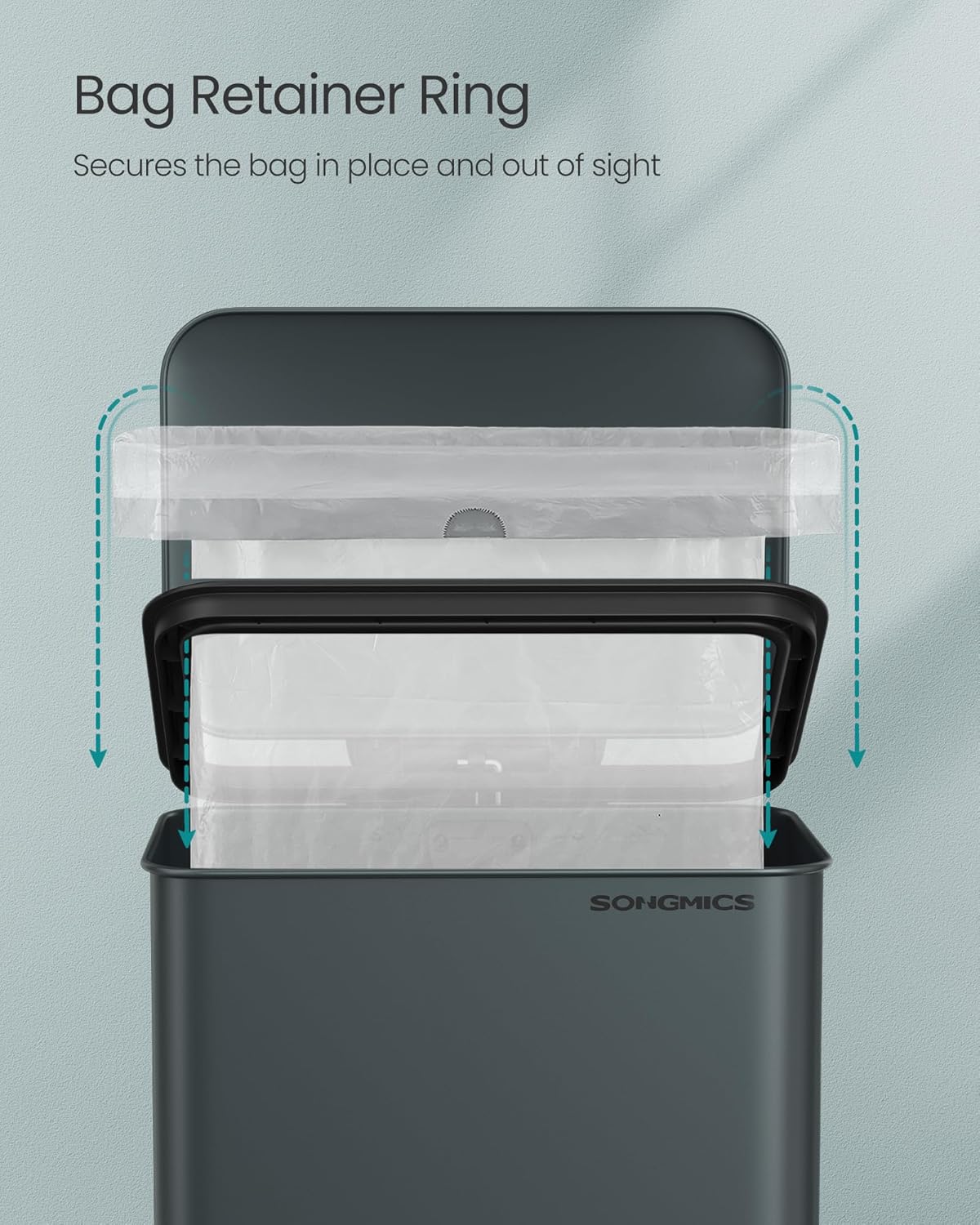 SONGMICS Kitchen Trash Can, 10.5 Gallon (40 L) Garbage Can, Large Step Trash Bin with Lid, Stainless Steel, Soft Close, 15 Trash Bags Included, Charcoal Gray ULTB540G01