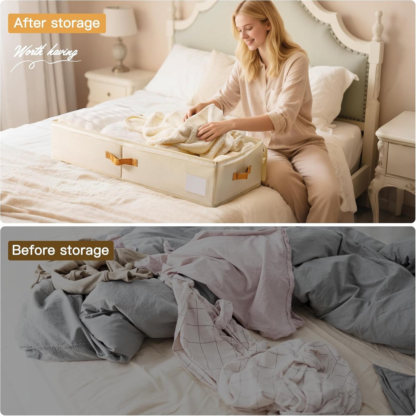 Criusia Under Bed Storage Bins with Clear PVC Lids – 2 Pack Large Underbed Organizers with Heavy-Duty Handles, Reinforced with 800G PP Panels & 80G Non-Woven Fabric – Waterproof & Foldable, Beige