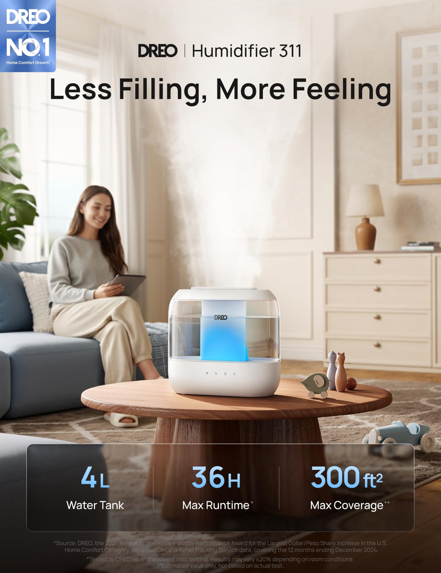 DREO 4L Humidifiers for Bedroom, 36H Runtime, 28 dB Quiet, HM311