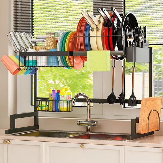 Over Sink Dish Drying Rack (Expandable Height/Length) Snap-On Design Large Dish Draine Storage Counter Organizer (24" - 35.5" L x 12" W x 19" - 22" H)
