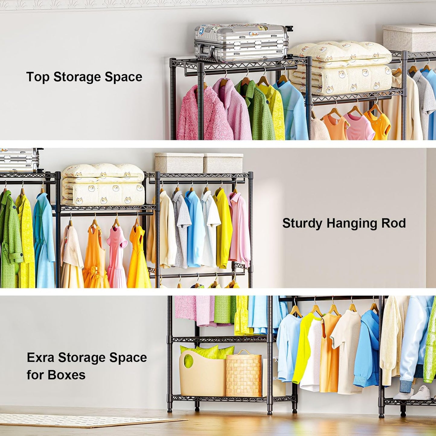 Heavy Duty Rolling Garment Rack 3 Tiers Adjustable Wire Shelving Clothes Rack with Rods Storage Closet Clothing Rack Black 15.7" D x 70.8" W x 76.5" H