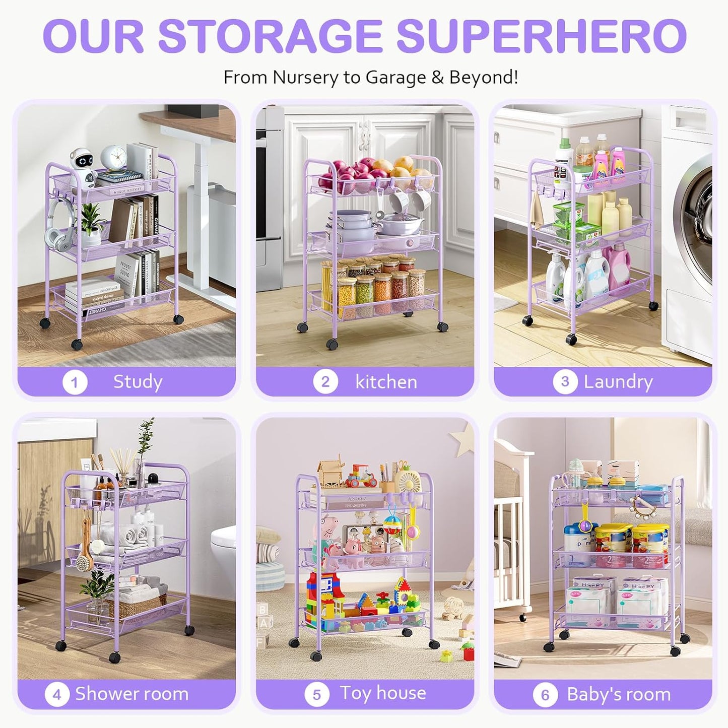 TOOLF 3-Tier Metal Rolling Cart, Mesh Wire Easy Assemble Utility Cart, Storage Trolley on Wheels with 3 Hooks, MetalStorage Shelving Units for Kitchen Bathroom Laundry Room