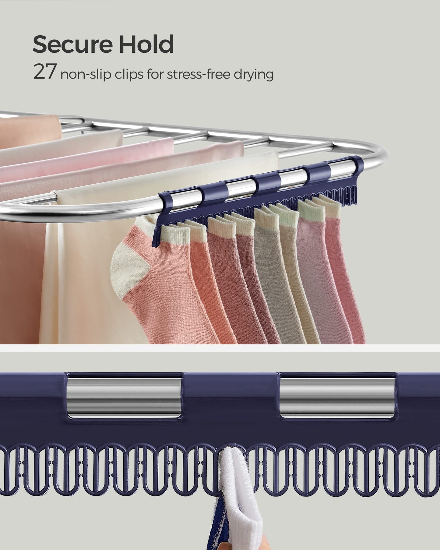 SONGMICS Clothes Drying Rack, with Sock Clips, Metal Laundry Rack, Foldable, Space-Saving