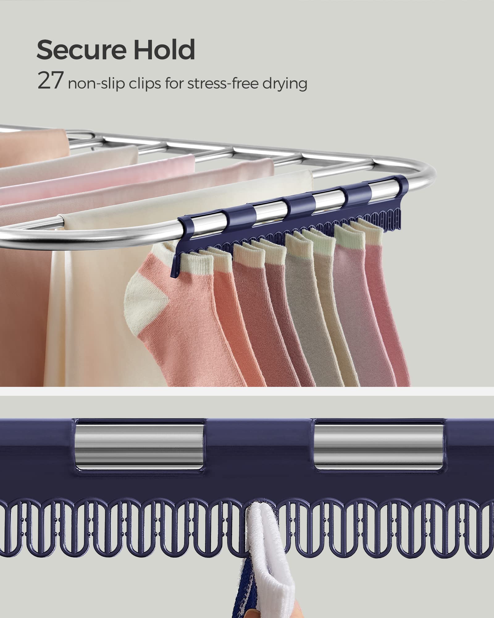 SONGMICS Clothes Drying Rack, with Sock Clips, Metal Laundry Rack, Foldable, Space-Saving