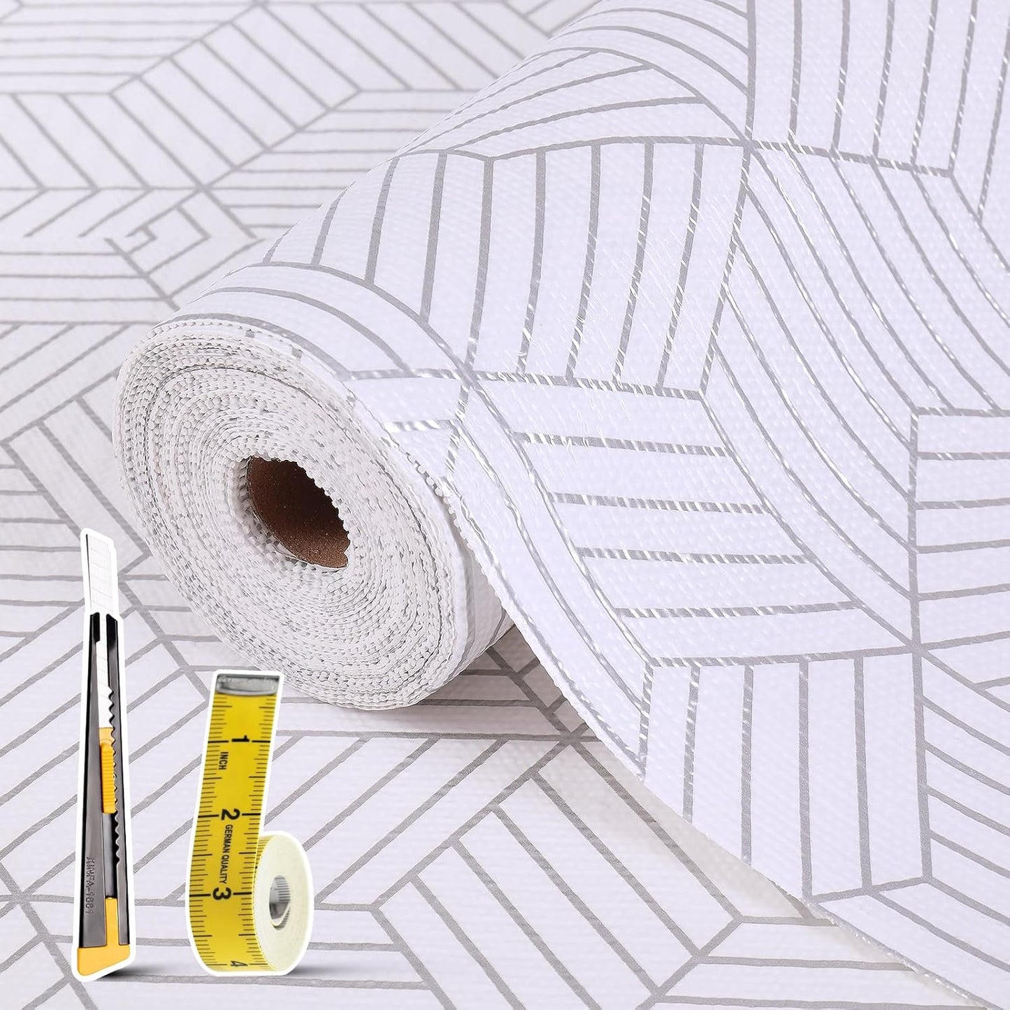 Shelf Liners for Kitchen Cabinets Non Adhesive Shelf Liner Paper Non-Slip Thickened Drawer Liner Easy to Clean for Tool Box Refrigerator with Knife and Tape Measure, Silver Geometric, 23.6 x 236.2 in