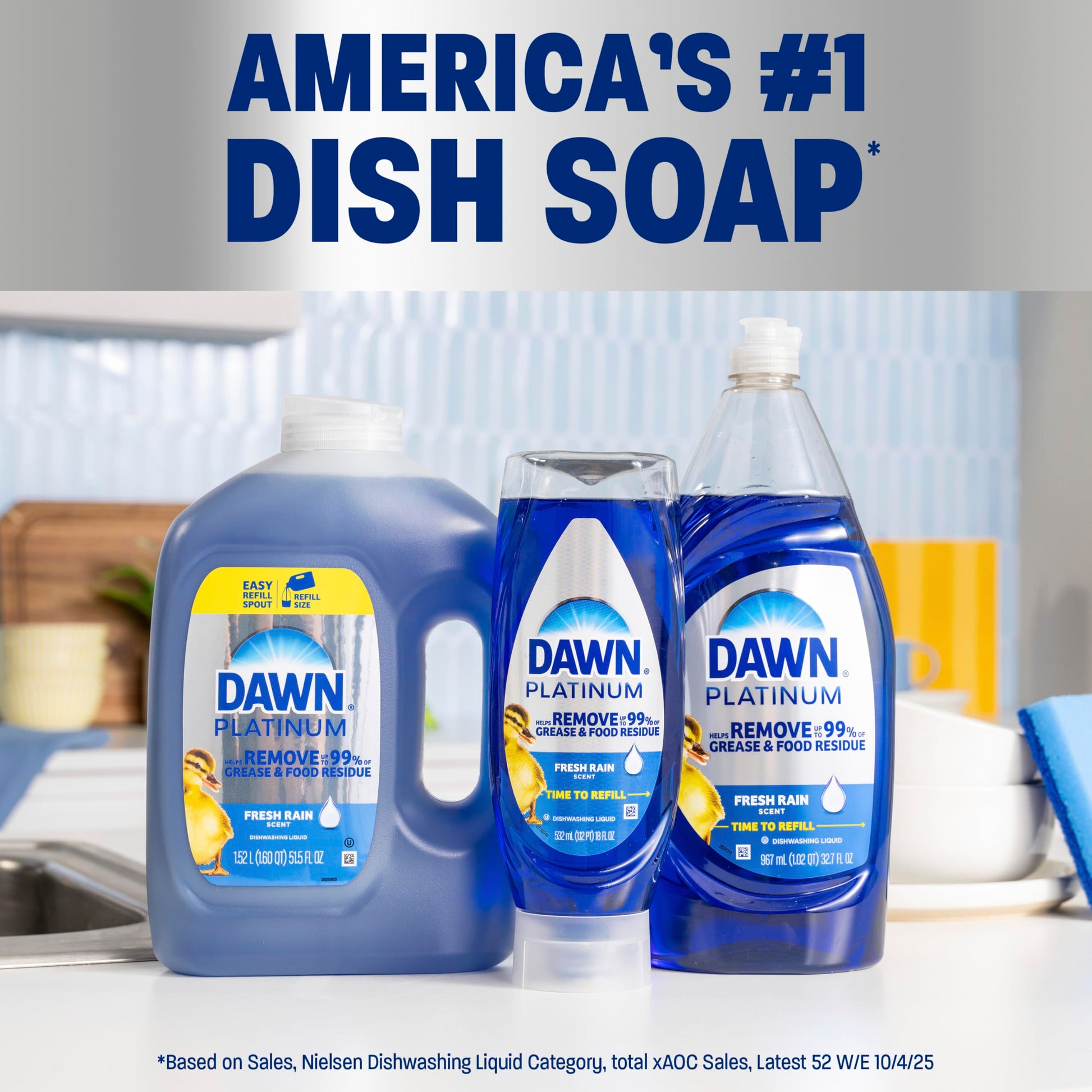 Dawn Platinum Dish Soap Fresh Rain Scent Liquid Dishwashing Detergent, Powerful Dawn Dish Soap for