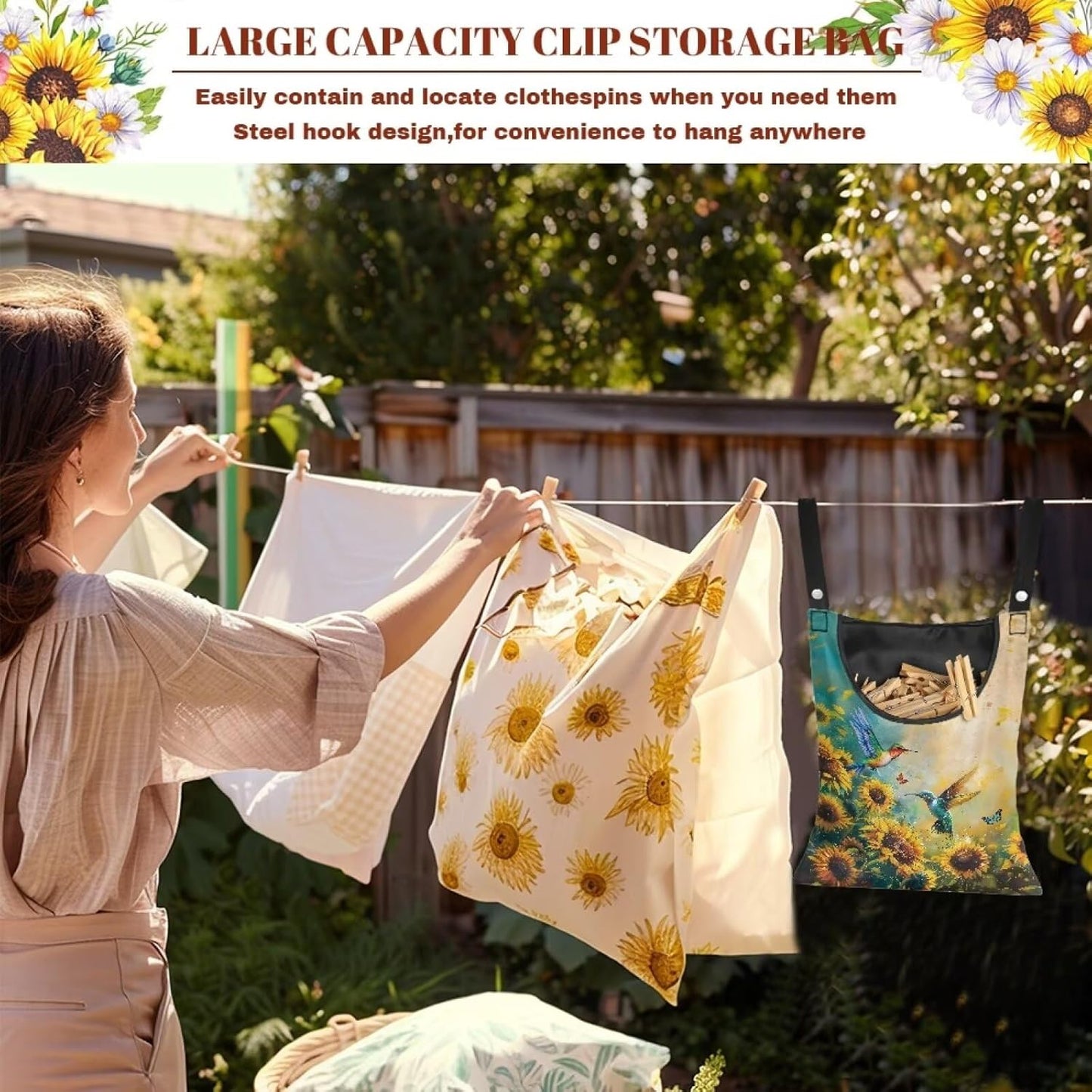 Clothes Pin Hanging Bag with Big Opening Storage Clothes Pins & Mini Clothespins，Hanging Laundry Bag Fits Retractable Clothes Line Outdoors（Hummingbird Sunflower）