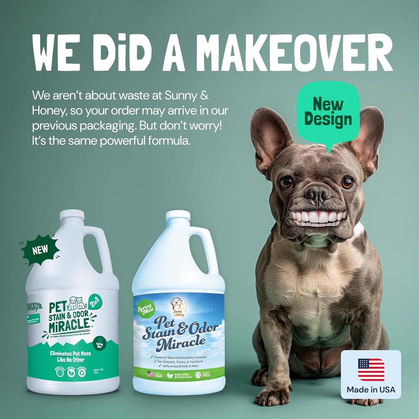 Sunny & Honey Pet Stain & Odor Miracle - 1 Gallon (128 Fl Oz), Spring Mint Scent - Carpet Shampoo, Cat Pee Enzyme Cleaner & Carpet Spot Remover for Upholstery & Mattress