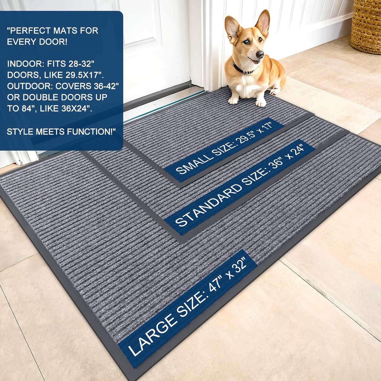 OLANLY Front Door Mat Indoor Outdoor Entrance, Waterproof Heavy Duty Doormat, Fade Resistant, Low Profile, Easy Clean Patio Porch Welcome Floor Mats for Entry, 36x24, Light Gray