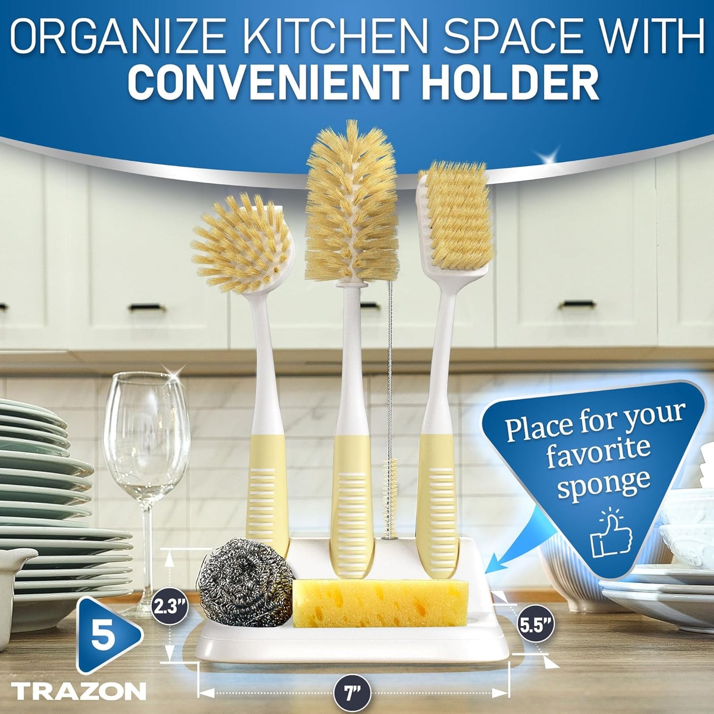 Dish Brush Set of 5 with Holder - Kitchen Scrub Brushes with Non-Slip Long Handle for Cleaning, Scrubber, Dishwashing, Dishes, Bottles, Straws, Cups, Pots & Sink, Baige