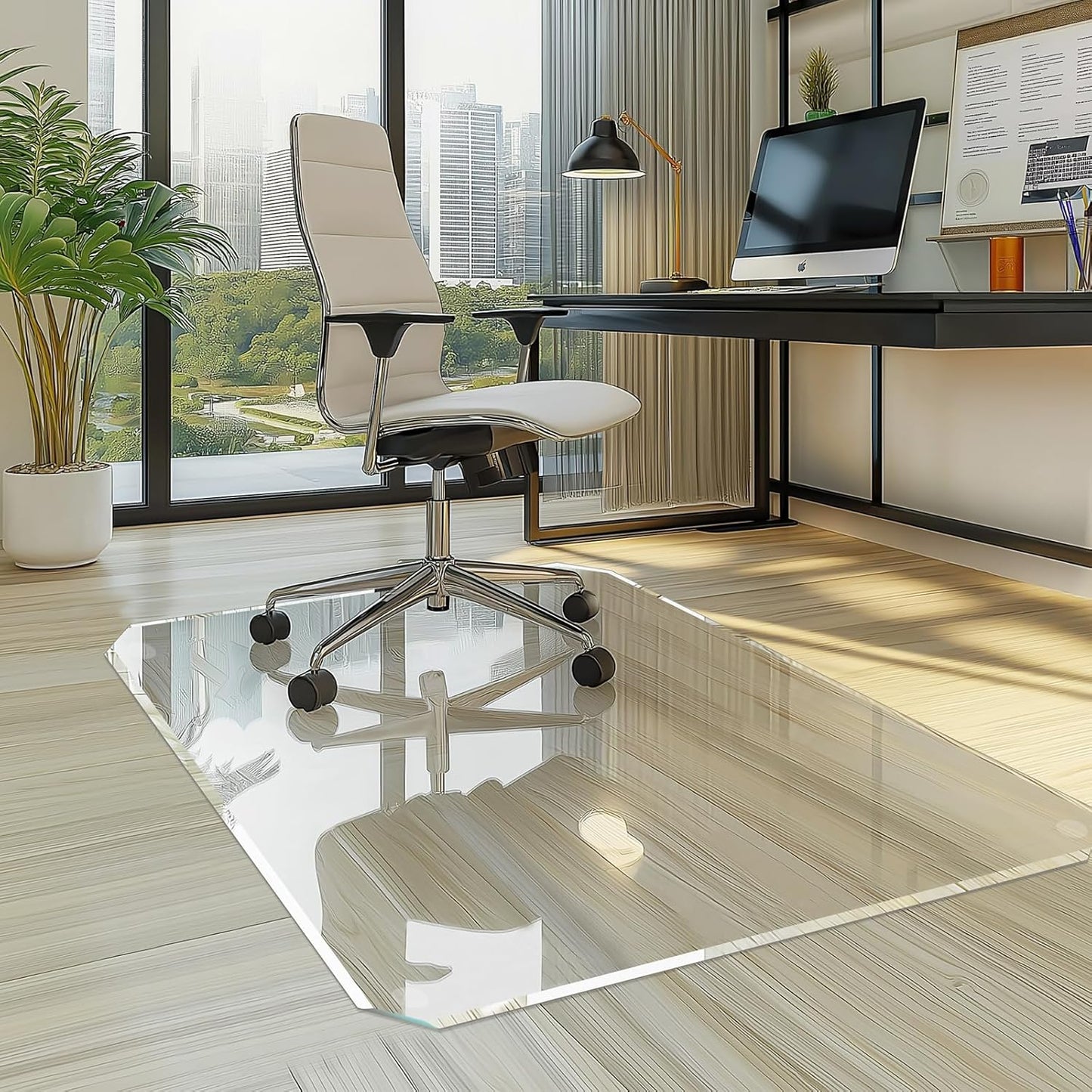 VSARHouse Beveled Edge Tempered Glass Office Chair Mat, 55"x46" Heavy Duty Glass Floor Mat for Carpet or Hard Floors, with Non-Slip Pads, Easy to Slide, Thick 1/5", Octagon, Patent No.30004842