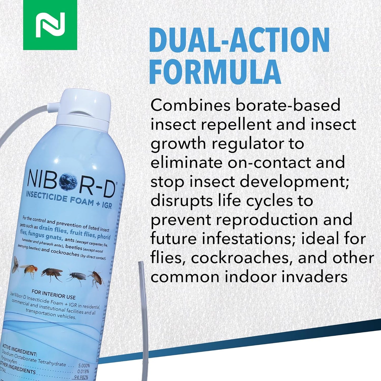 Nibor-D Insecticide Foam with IGR, Ready-to-Use for Fly and Cockroach Control, 360 Degree Application, Includes 17" Hose, (6 Pack, 21 oz Can)