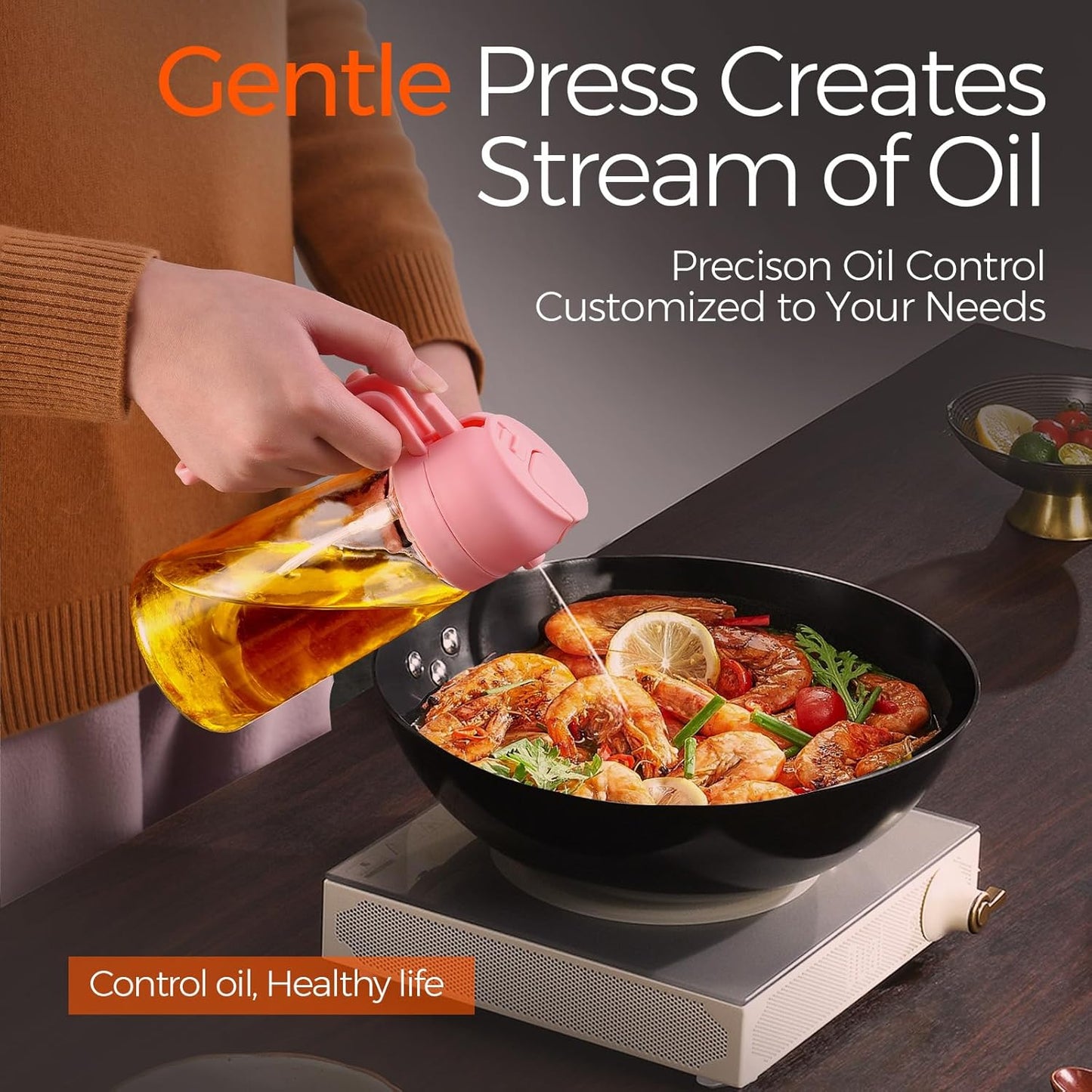 YARRAMATE 16oz/470ml Oil Sprayer for Cooking with Stickers, Food-grade Premium 2 in 1 Olive Oil Dispenser Bottle for Kitchen Gadgets, Air Fryer, Salad, Frying, BBQ (Pink)