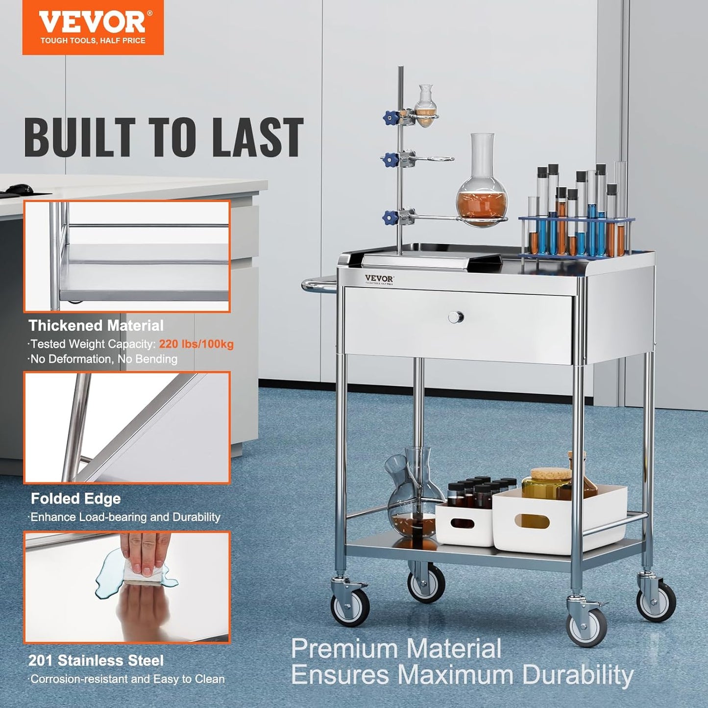 VEVOR Medical Cart, 2-Layer Stainless Steel Cart 220 lbs Weight Capacity, Lab Utility Cart with 360° Silent Wheels and a Drawer for Lab, Clinic, Kitchen, Salon, 141002