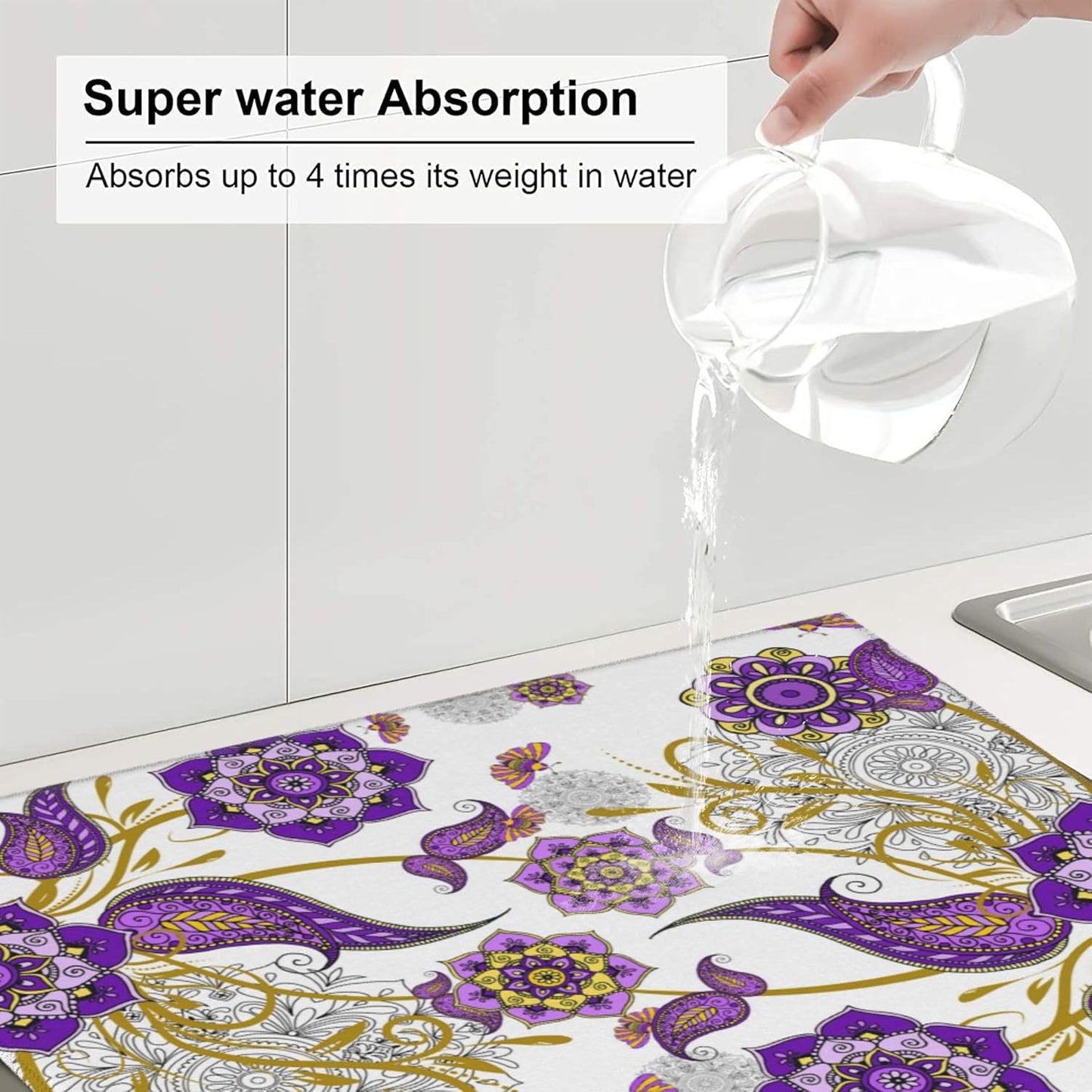 Boho Floral Dish Drying Mat for Kitchen Counter Washable Absorbent Reversible Microfiber Purple Flower Drying Pad Kitchen Accessories 16x18 Inch