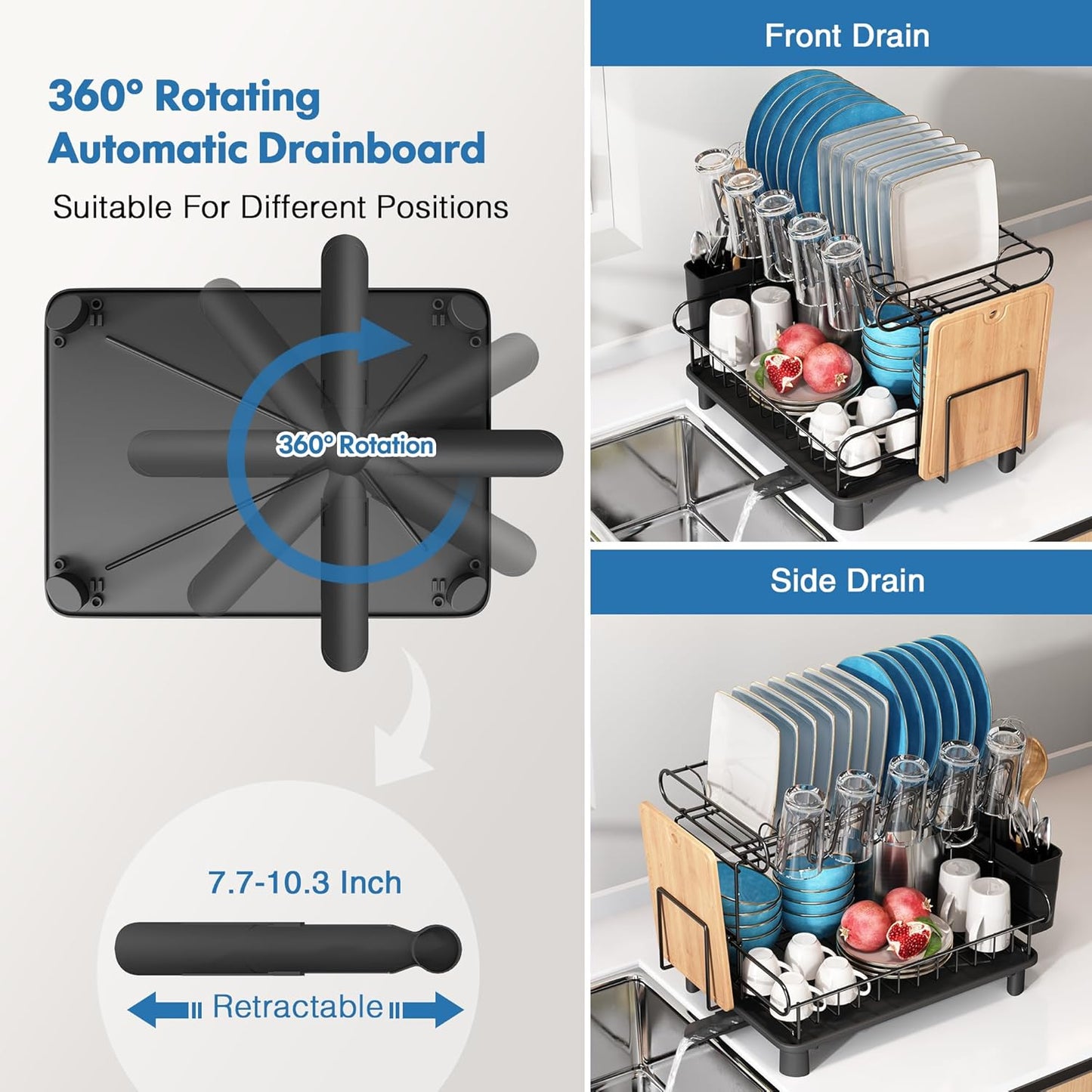 MAJALiS 2 Tier Black Large Stainless Steel Dish Drainers Drying Rack for Kitchen Counter with Drainboard, Rust Proof Metal, Space Saving, Modern Aesthetic, Compact Plates Strainers