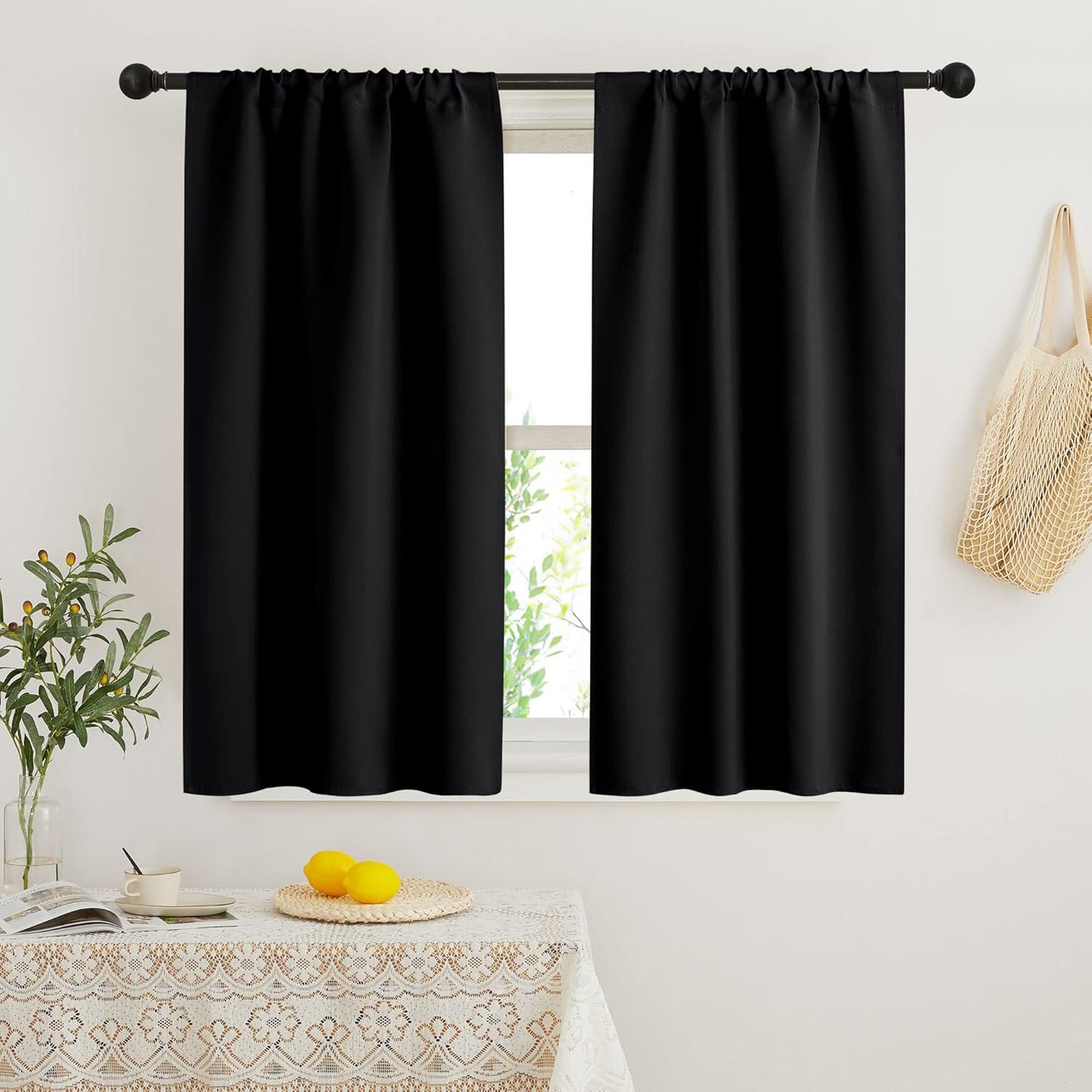 RYB HOME Curtains for Bedroom 63 inches Long, Blackout Thermal Insulating Window Treatment Drapes for Living Room Bathroom Basement Laundry Classroom, W 34 x L 63, Black, 2 Panels