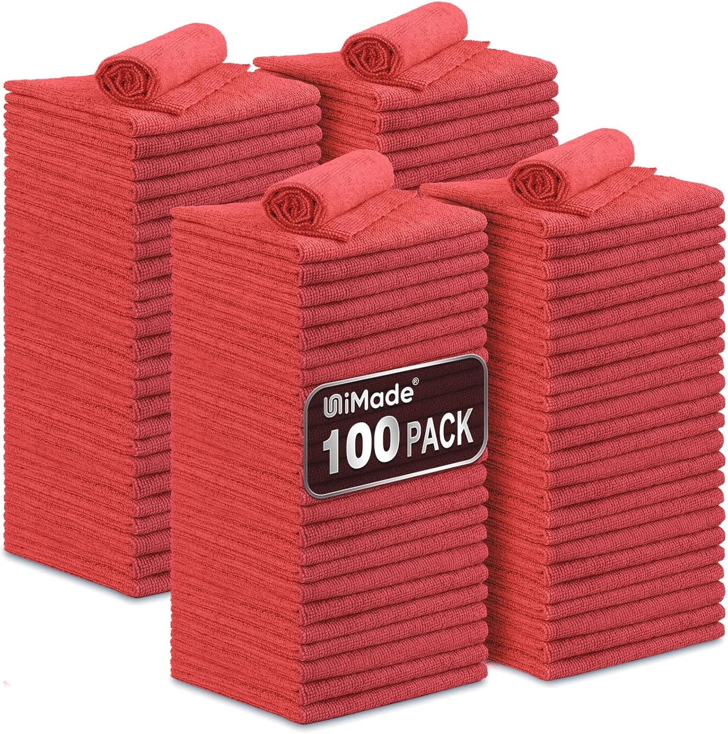 Shop Towels, 100 Pack Commercial Grade Work Rags Microfiber Towels for Cars Cleaning Rag Bulk Detailing Cloth for Automotive Bar Mechanic Restaurant Garage Housekeeping, 11.5"x 11.5", Red