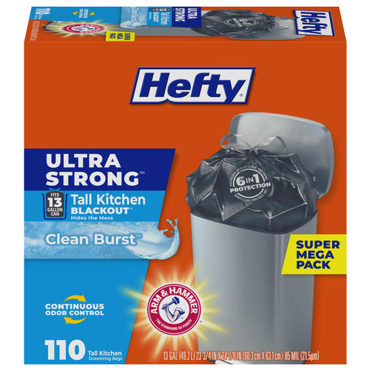 Hefty Ultra Strong 13 Gal Kitchen Trash Bags, Black, Clean Burst, 110ct