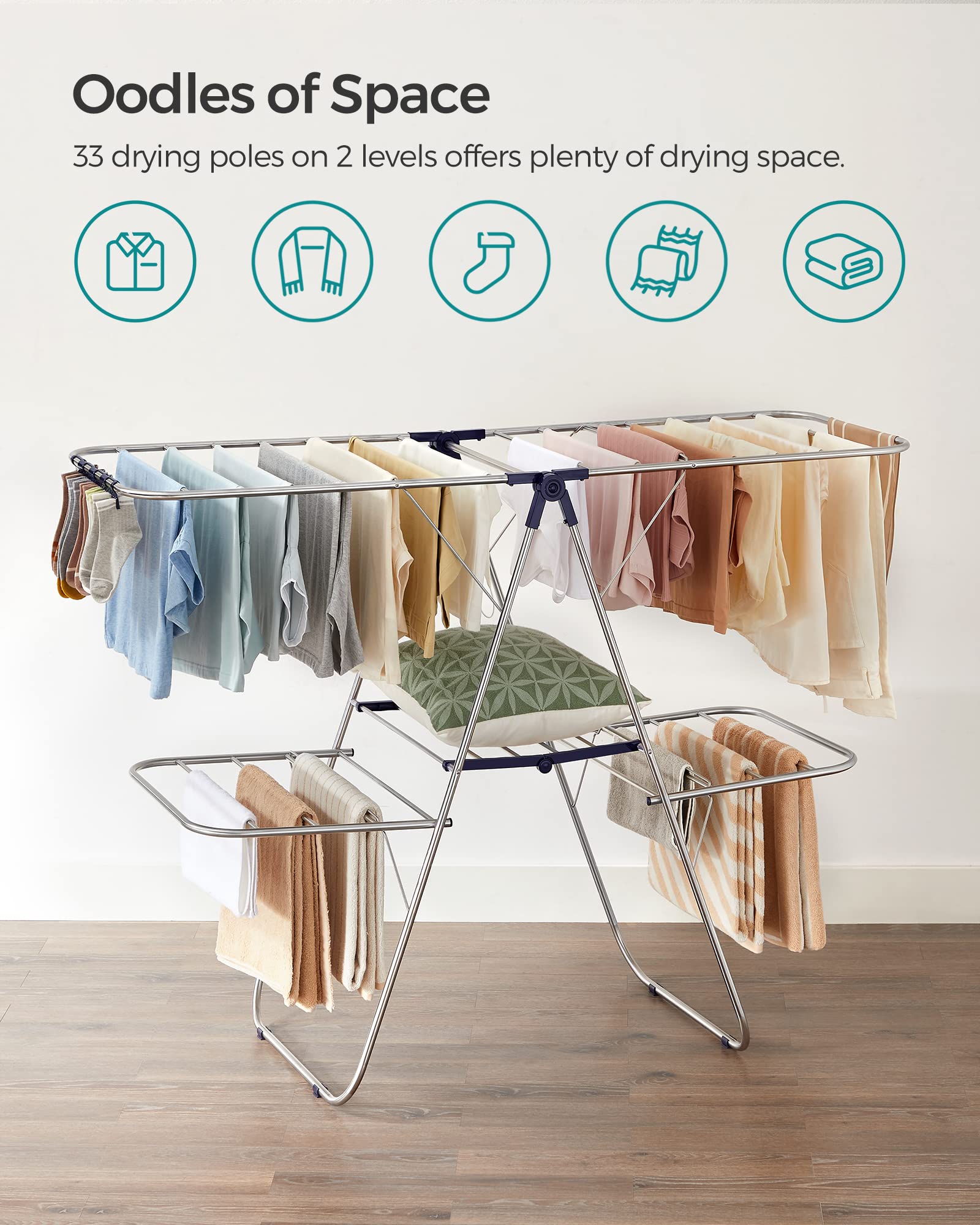 SONGMICS Clothes Drying Rack, Foldable 2-Level Laundry Drying Rack, Free-Standing Laundry Airer