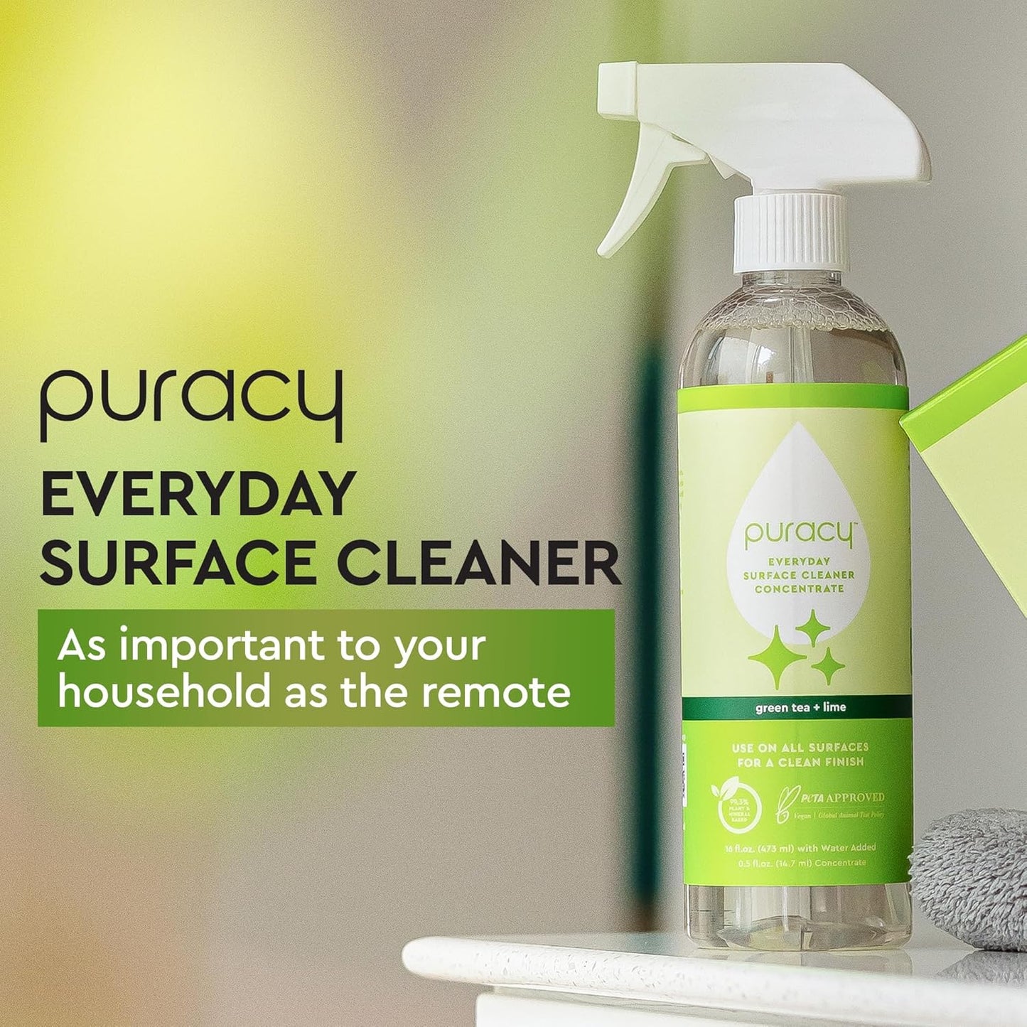 Puracy Multi-Surface Cleaner Spray - Plant-Powered Everyday Surface Cleaner - Natural All Purpose Cleaning Solution As Seen on TikTok (Green Tea and Lime Spray Bottle, 16 fl oz)