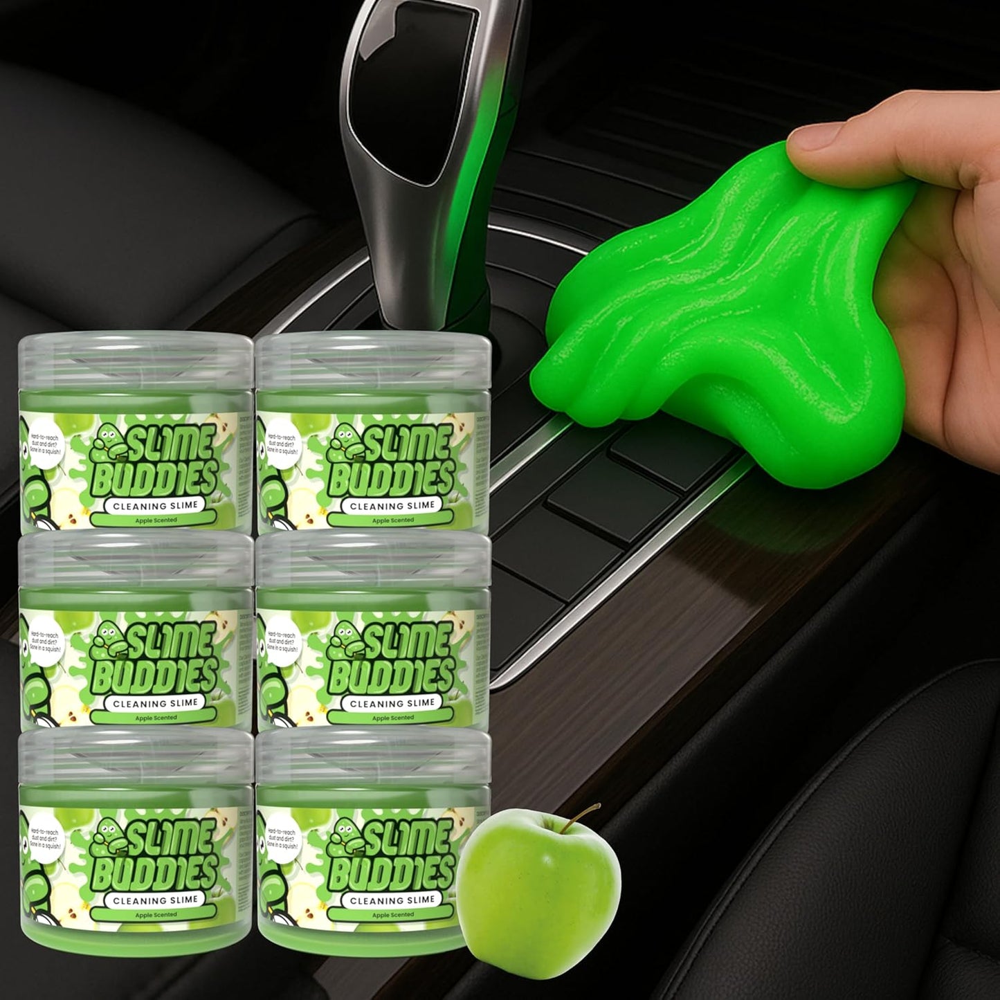 Slime Buddies Car Cleaning Gel Putty - 6 Pack Apple Scented Interior Detailing Tool for Cup Holder, Air Vent & Keyboard - Reusable Auto Detailing Accessories - Dust Remover Goop - Gifts for Men Women