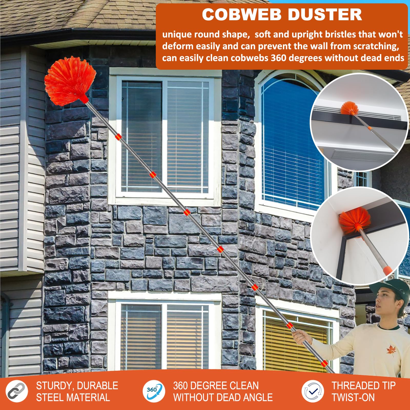 20 Feet High Reach Duster Kit with 2-14 ft Extension Pole, Cobweb & Corner Brush Cleaning Duster