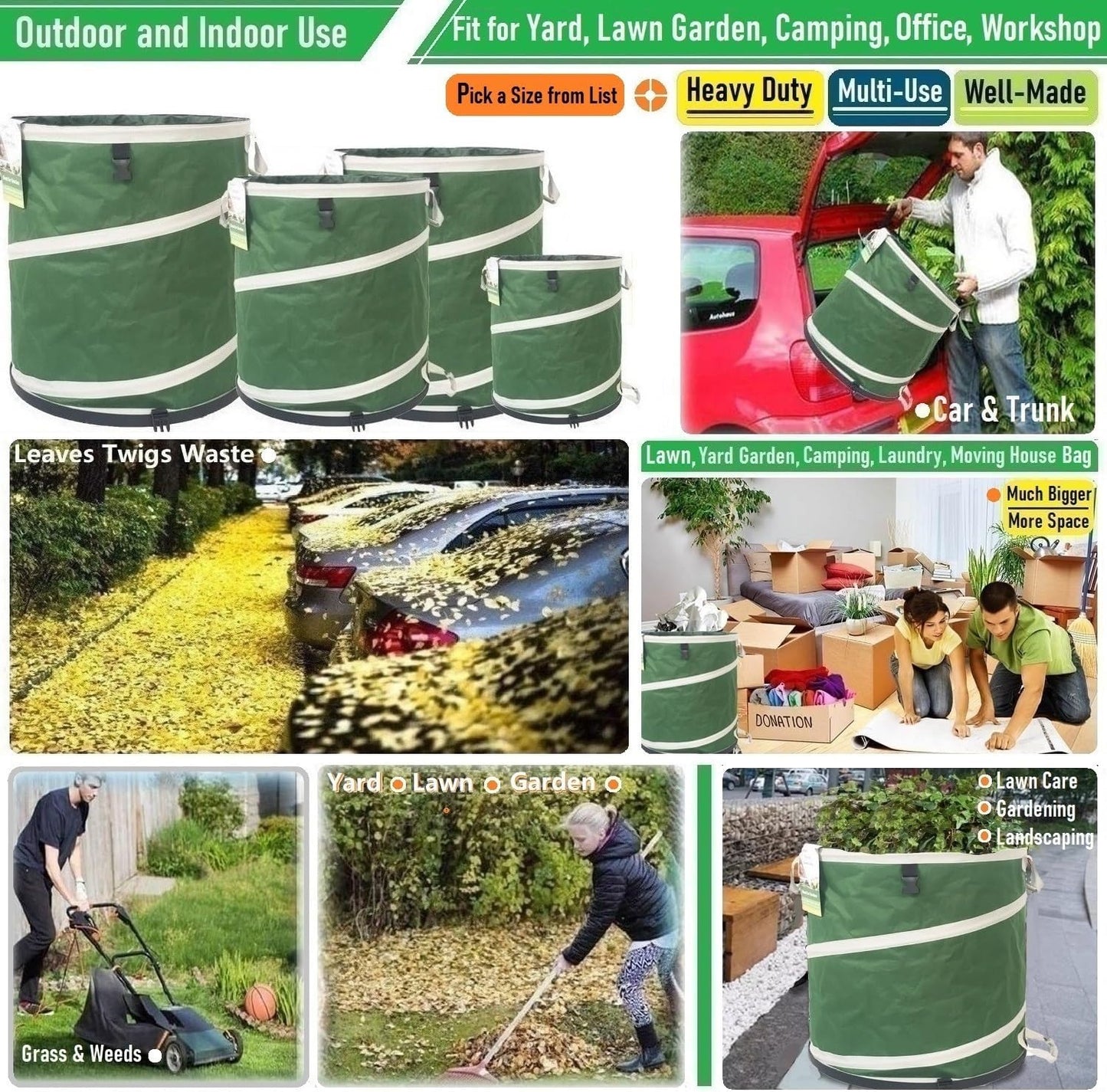 46-Gallon Collapsible Trash Can (22x28 in) Hard-Shell Bottom Yard Garden Bag for Yard Waste,Debris Container,Pop-Up Recycling Bin,Camping Waste Bag,Laundry Hamper,Lawn Grass,Leaf Bag,Sods,Weeds Barrel