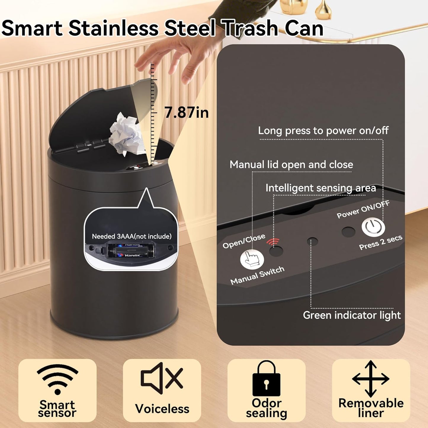 Bathroom Trash Can with Lid 2.6 Gallon Stainless Steel TrashCans Automatic Bathroom Garbage Can for Bedroom, Kitchen, Office