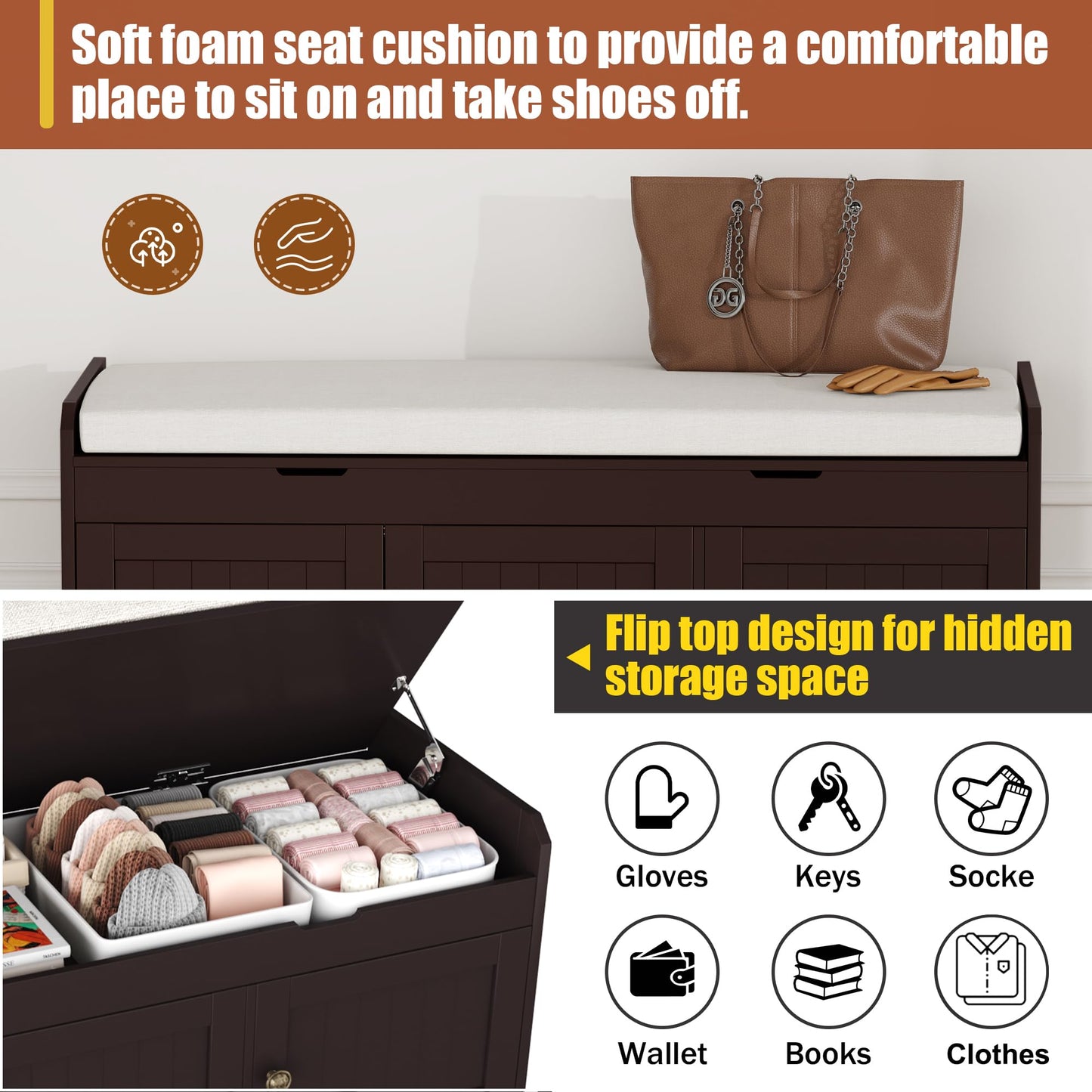HOMEFORT 41.3" Shoe Bench with Lift Top Storage, Entryway Bench with Cushioned Seat, Wooden End of