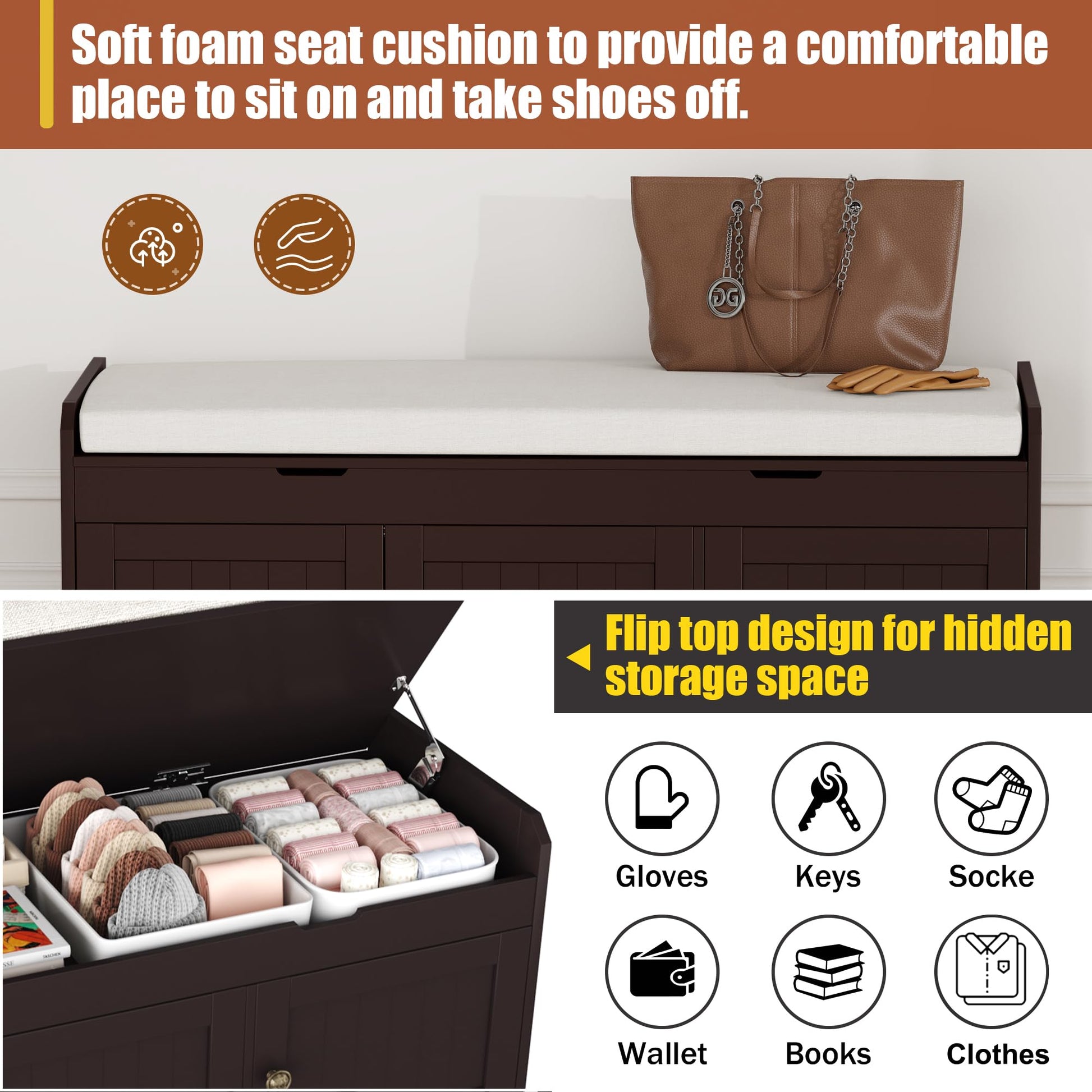 HOMEFORT 41.3" Shoe Bench with Lift Top Storage, Entryway Bench with Cushioned Seat, Wooden End of