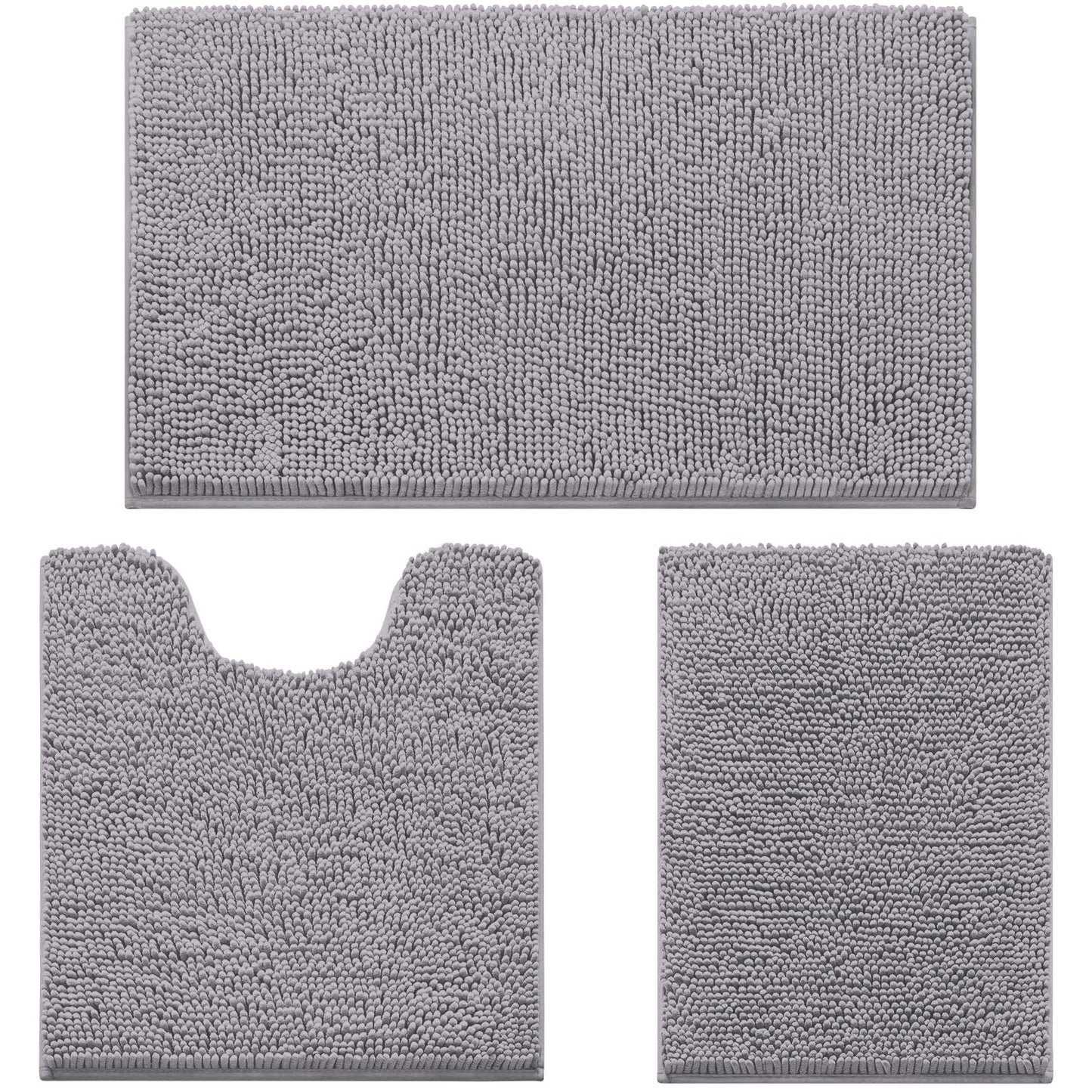 HOMEIDEAS Grey Chenille Bathroom Rugs Set of 3, Non Slip Bath Mat