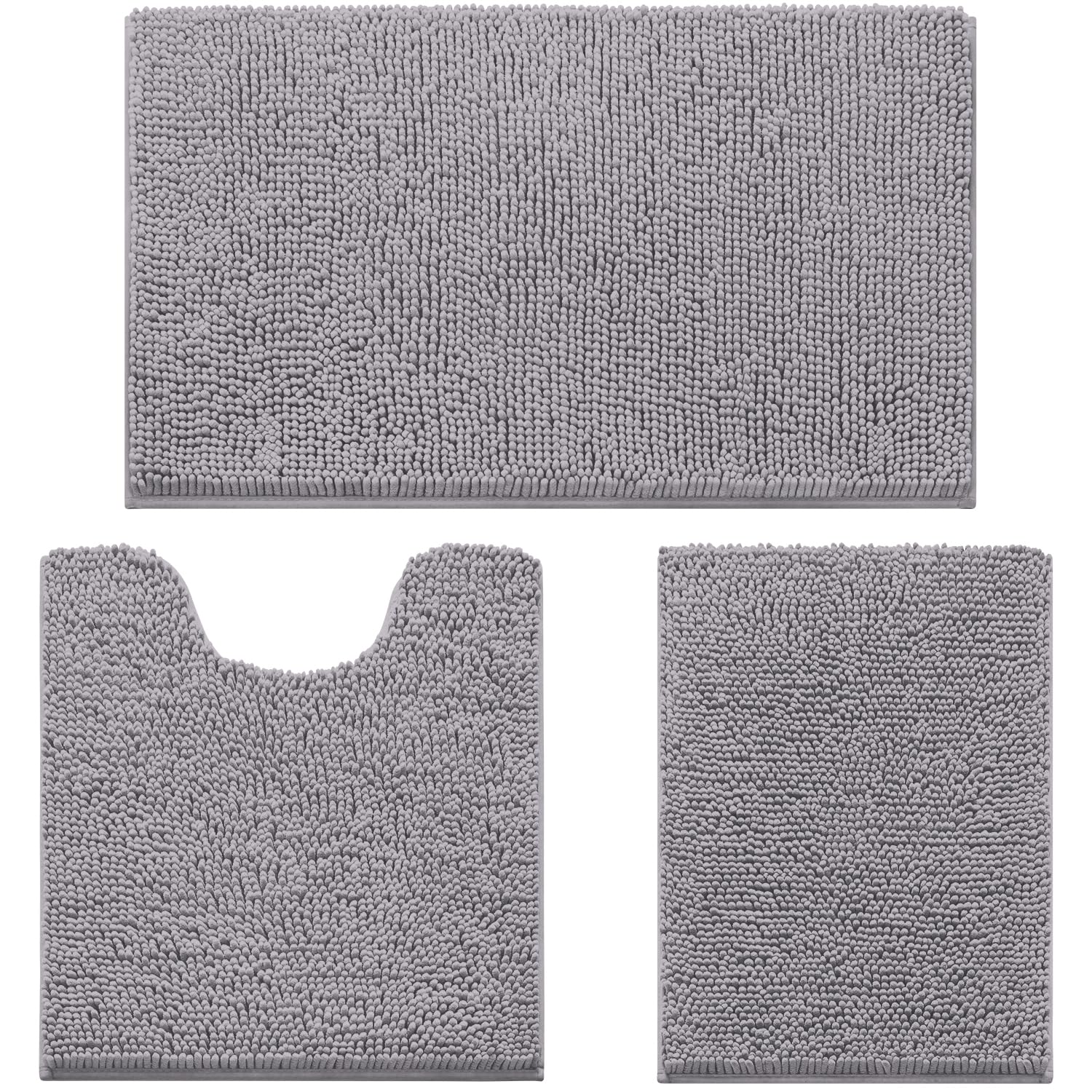 HOMEIDEAS Grey Chenille Bathroom Rugs Set of 3, Non Slip Bath Mat