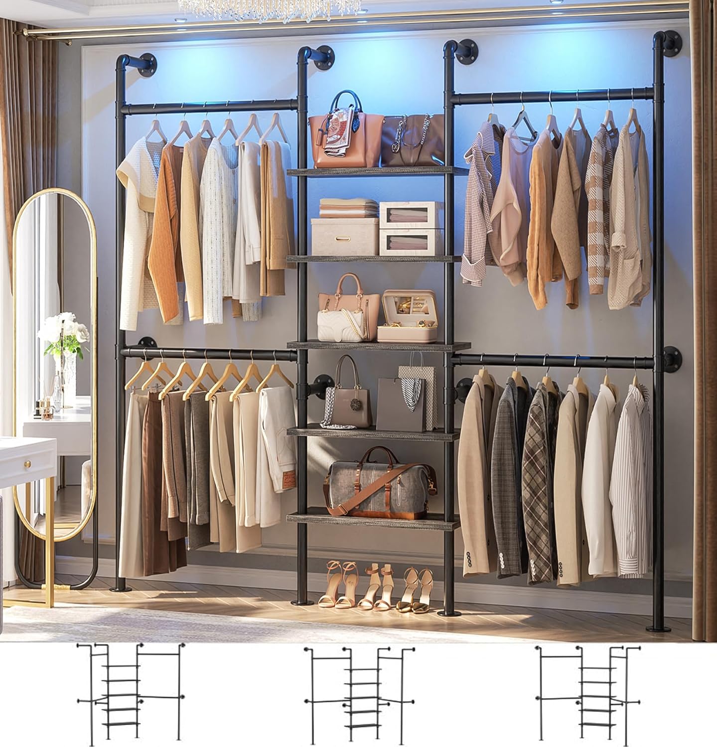 Aheaplus Industrial Pipe Clothing Rack, Reversible 6.42FT Clothes Rack for Hanging Clothes, Heavy Duty 5 Tier Wardrobe Closet Garment Racks with Shelves, Corner Closet Organizer System, Black Oak