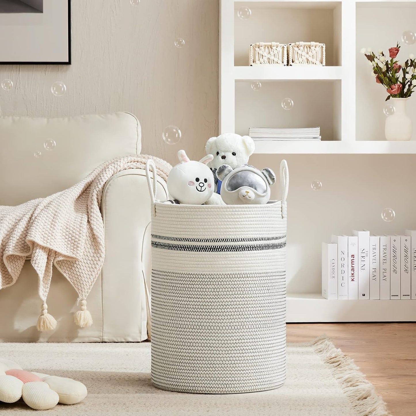 VIPOSCO Large Laundry Hamper, Tall Woven Rope Storage Basket for Blanket, Toys, Dirty Clothes in Living Room, Bathroom, Bedroom - 72L Stripe White