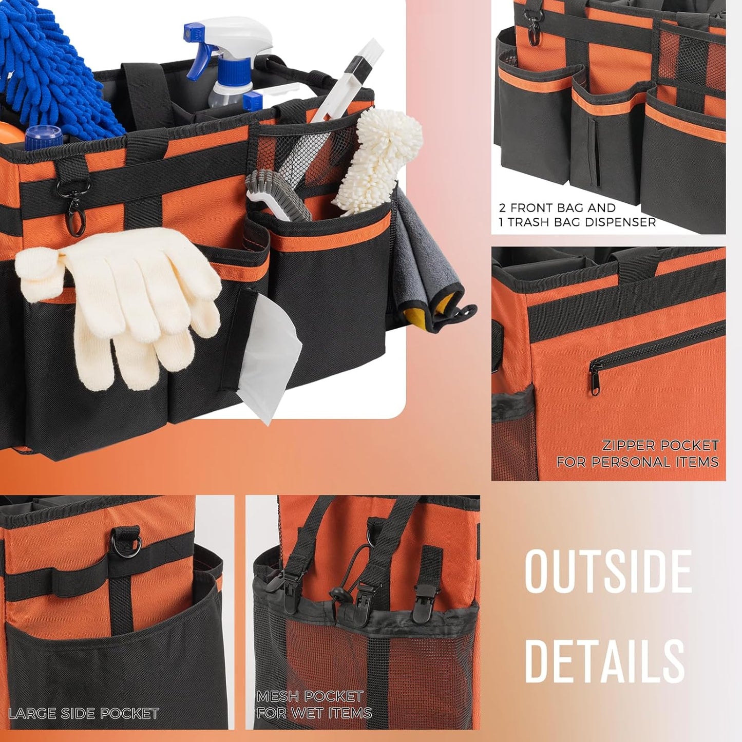 Wearable Cleaning Caddy, Cleaning Caddy Supplies Organizer with Handle & Shoulder Straps for Housekeepers, Under Sink & Car Cleaning Tool Organizers Bag with 4 Foldable Divider (RetroOrange)