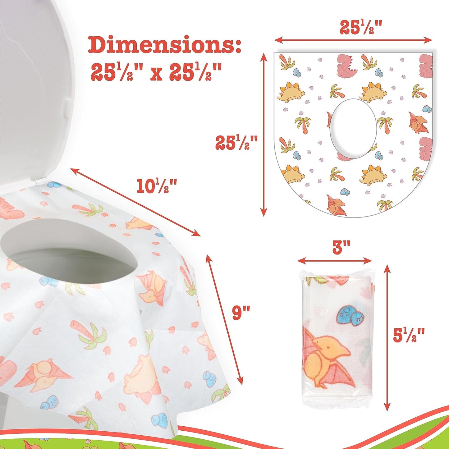Toilet Seat Covers Disposable (40 pk, Dinosaurs) - XL Waterproof Toilet Cover for Toddlers, Kids & Adults - Portable & Individually Wrapped for Travel, Potty Training, Public Restrooms