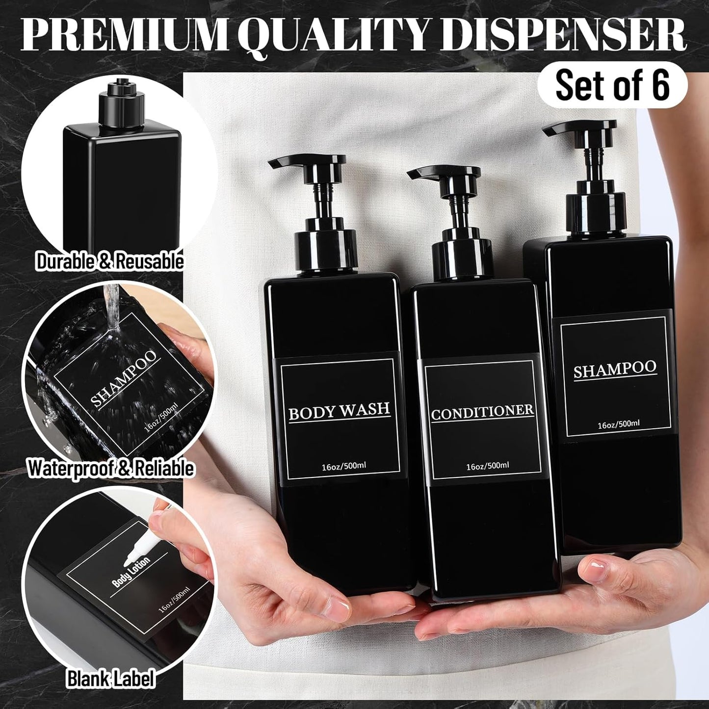 Tanlade 6 Pcs Shampoo and Conditioner Dispenser Bottles 16oz Modern Shower Soap Bottles with Pump, Labels and Marker Pen Easy to Refill Body Wash Dispensers for Home Bathroom Decoration (Black)
