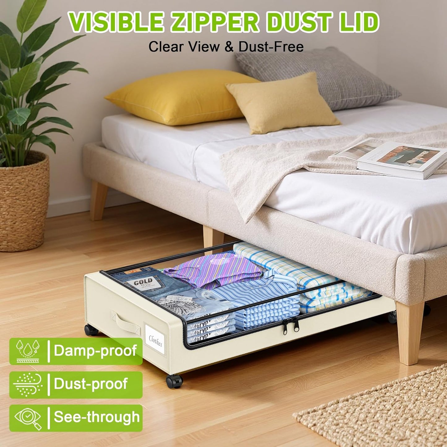 Under Bed Storage with Wheels, Under the Bed Storage Containers with Clear Lids & Label, Underbed Storage Bins, XXL 60L Rolling Metal Drawer for Clothes, Shoes, Toys, Books (4-Pack Beige)