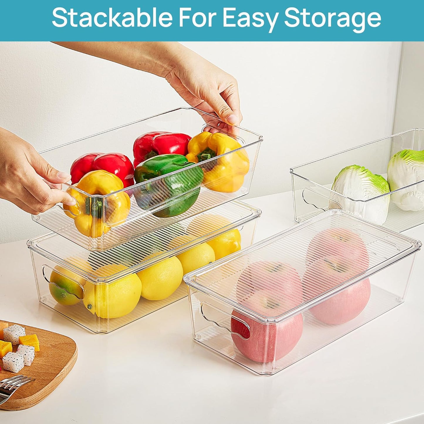 Vtopmart 4pcs Clear Organizers and Storage Bins with Lids, Stackable Plastic Storage Containers with Handles for Fridge, Freezer, Pantry, Cabinet, Kitchen Organization