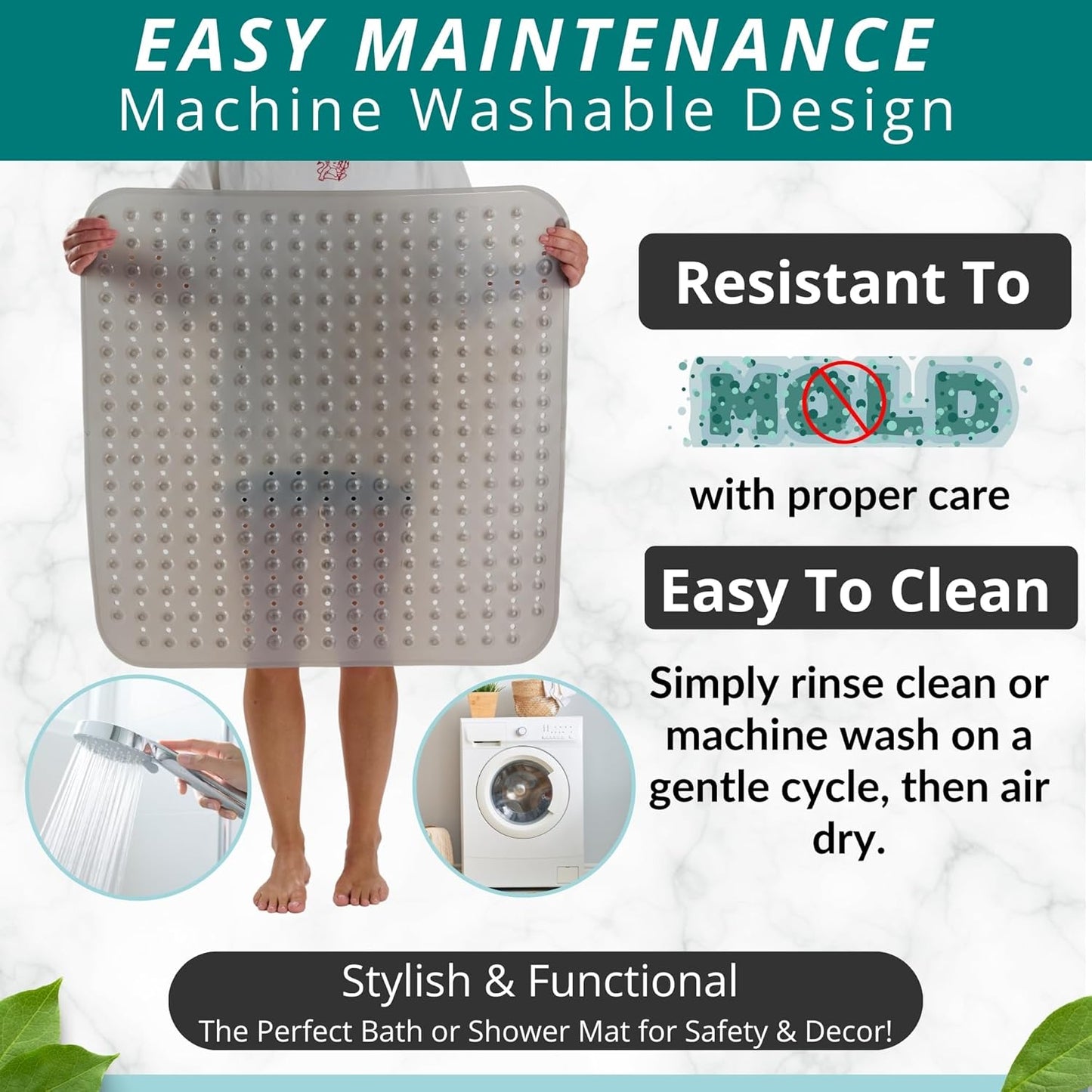 ENKOSI Extra Large Square Non Slip Shower Mat - 31 x 31-inch XL Bathroom Shower Mat - Square Shower Matts for Shower Stall Floors | Secure Suction Cups and Drain Holes (31x31 Clear Gray)