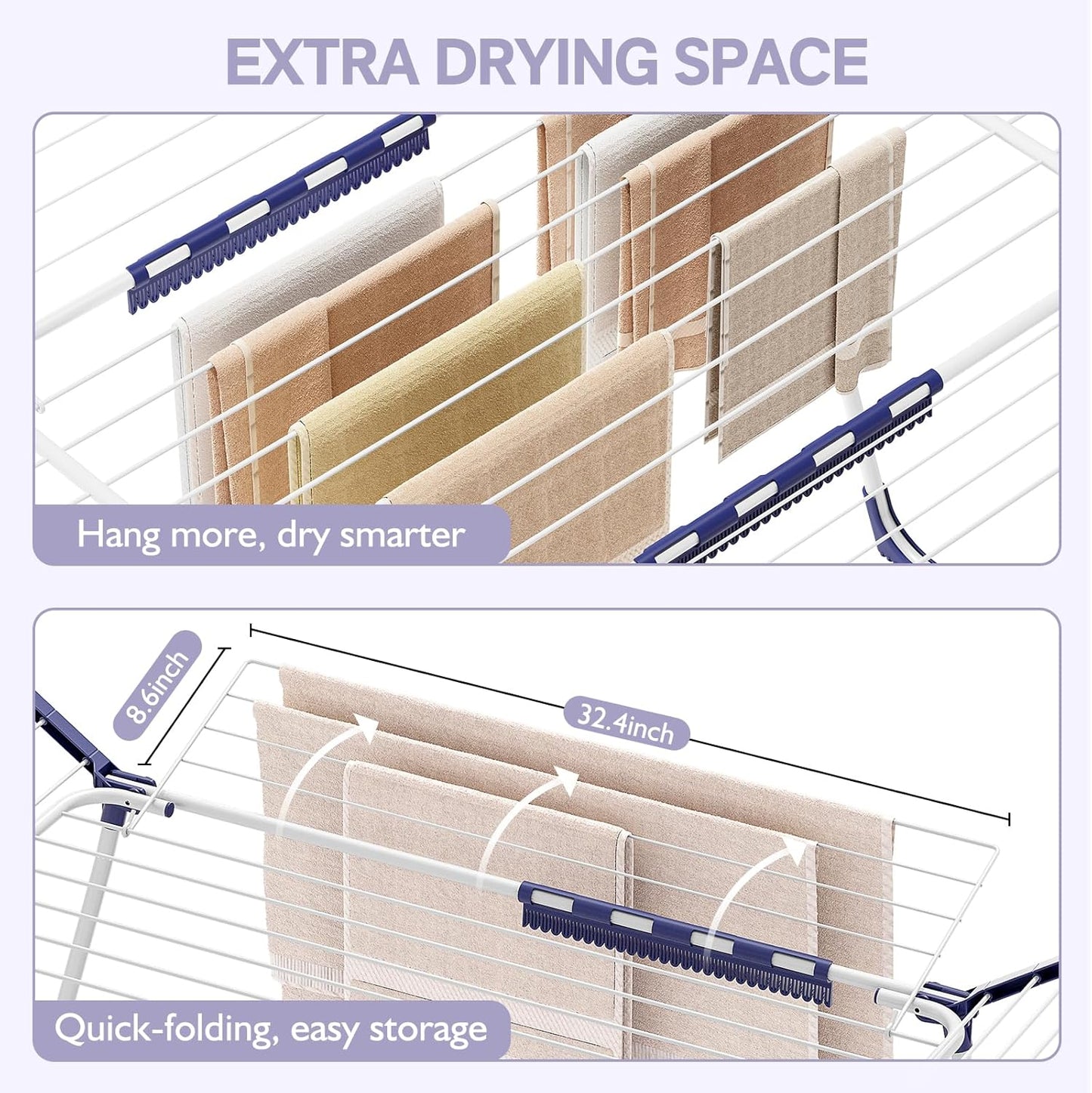 APEXCHASER Clothes Drying Rack Foldable, Drying Rack Clothing Large Space, Winged Laundry Rack with Sock Clips for Hanging Towels Clothes Dress Bedding Indoor Outdoor, White