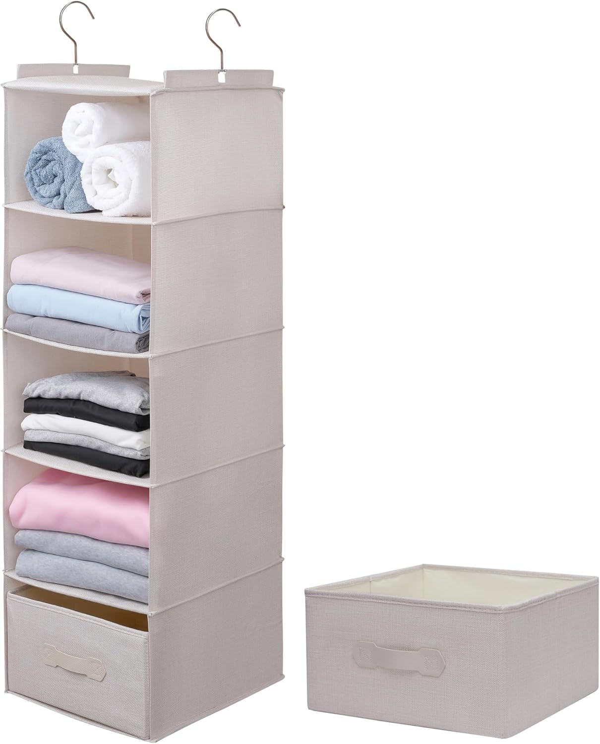 Large Hanging Sweater Organizer for Closet,Collapsible 6-Shelf Hanging Closet Shelves with Drawers, Washable (Beige -5 Shelf-1 d)
