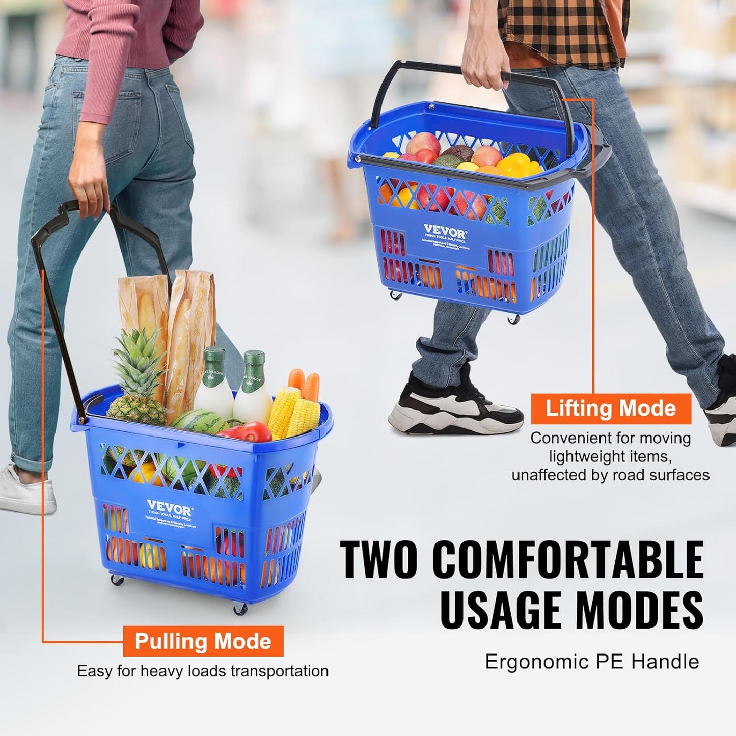 VEVOR Shopping Carts with Handles, 6PCS, 39L Plastic Rolling Shopping Basket with Wheels, Large Portable Shopping Basket Set for Supermarkets, Retail Stores, Grocery Shopping, Blue
